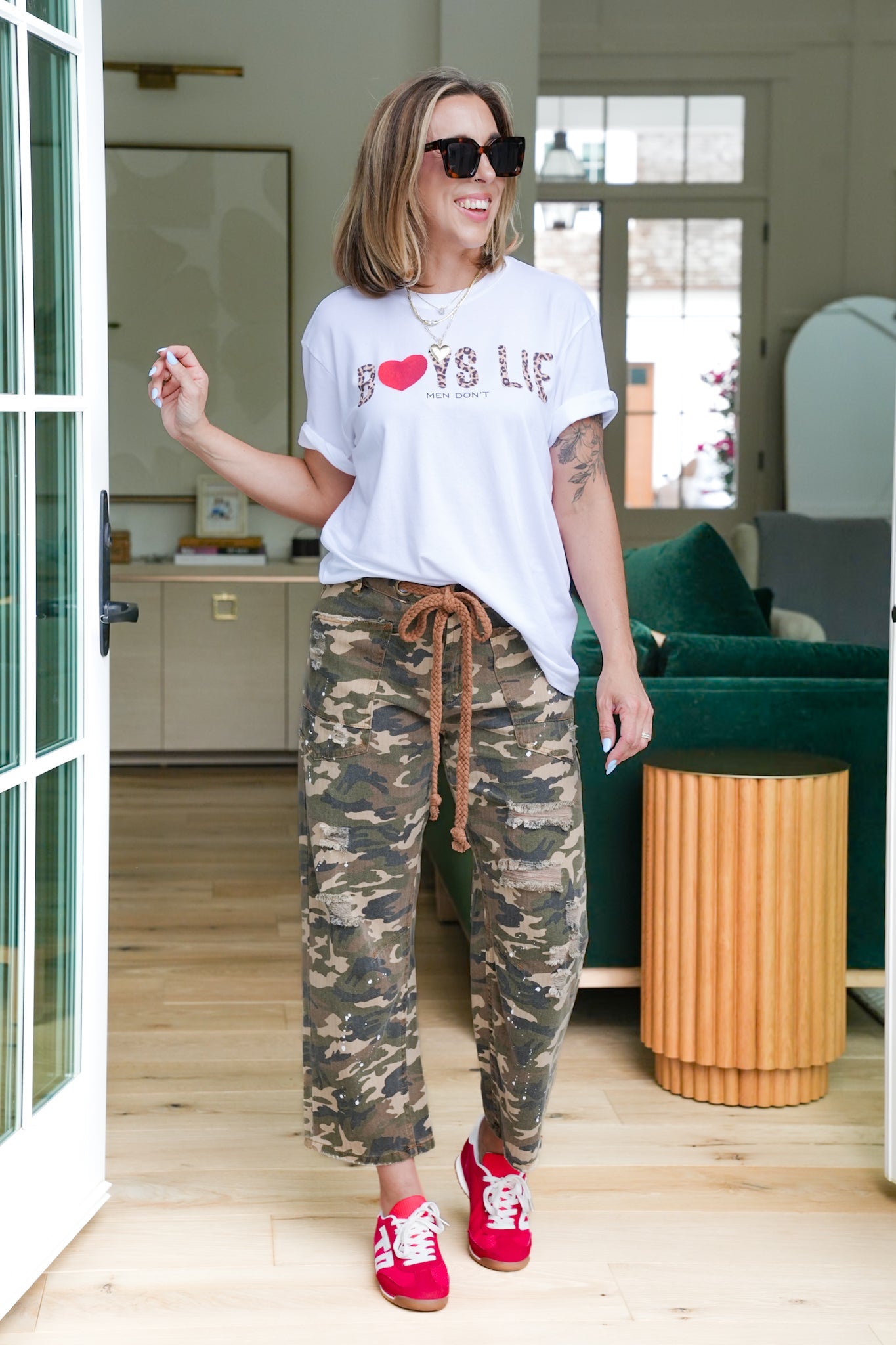 Distressed Camel Camo Pants with Paint Splatter Detail