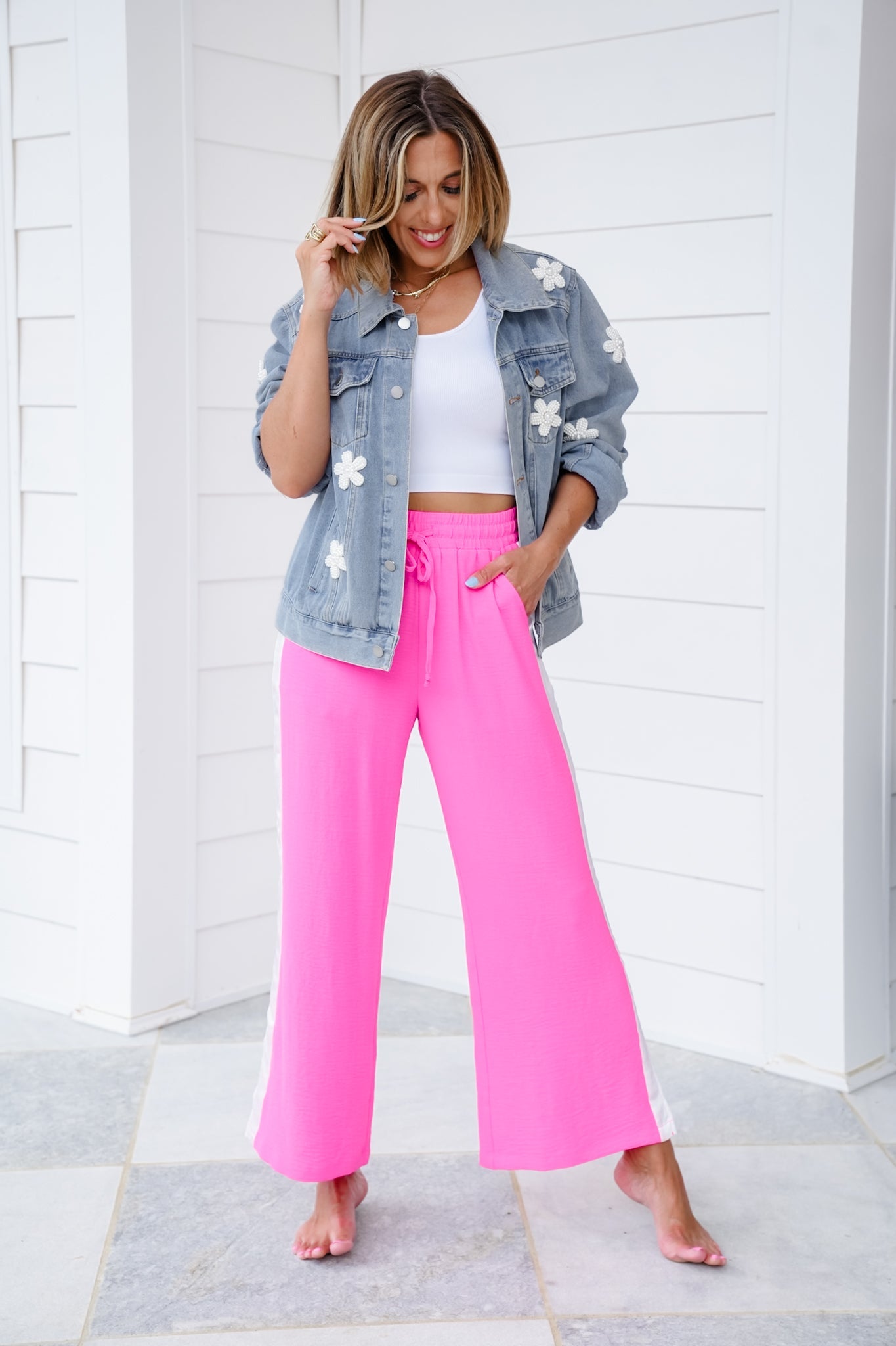 Pink Elastic Waist Pants with Side Stripe Detail
