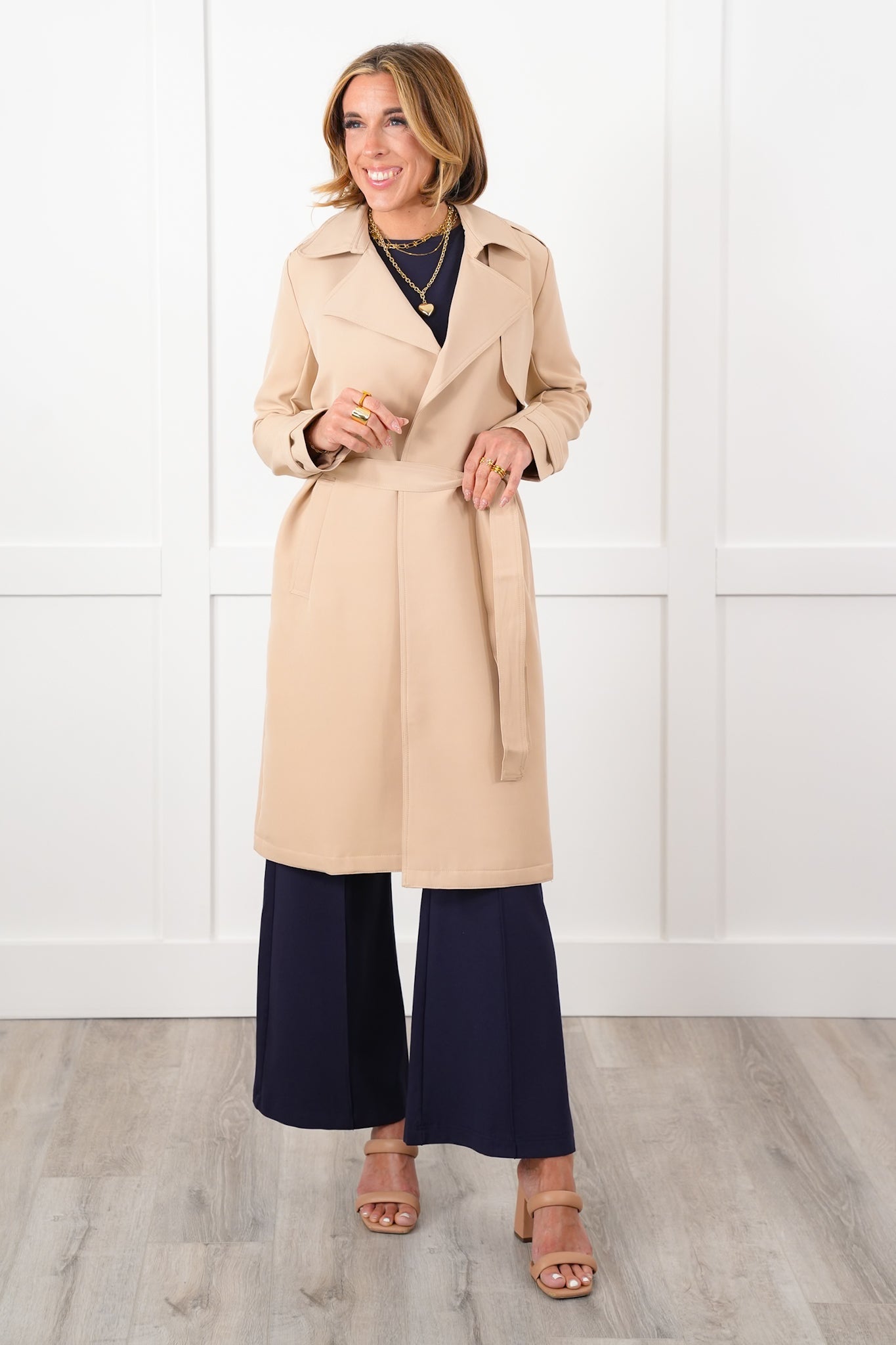 Long Sleeve Open Front Belted Trench Coat