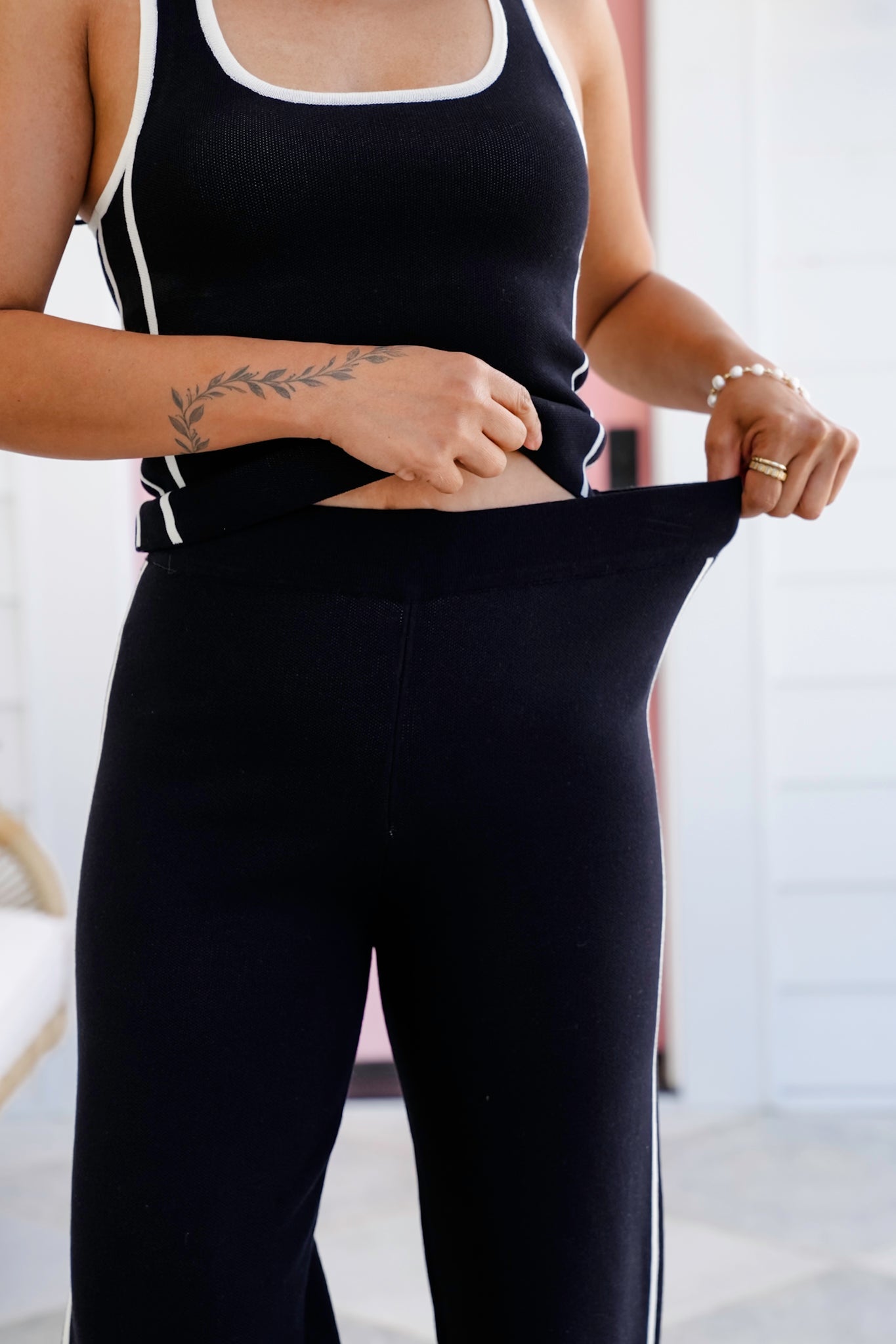 Black Elastic Waist Sweater Pants with Stripe Detail