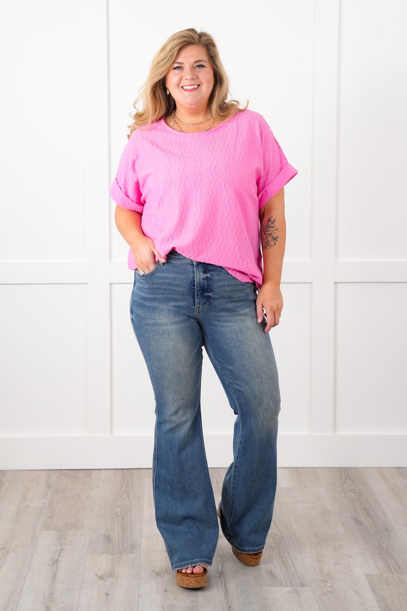 Door Buster! Plus/Reg Textured Short Dolman Sleeve Round Neck Blouse