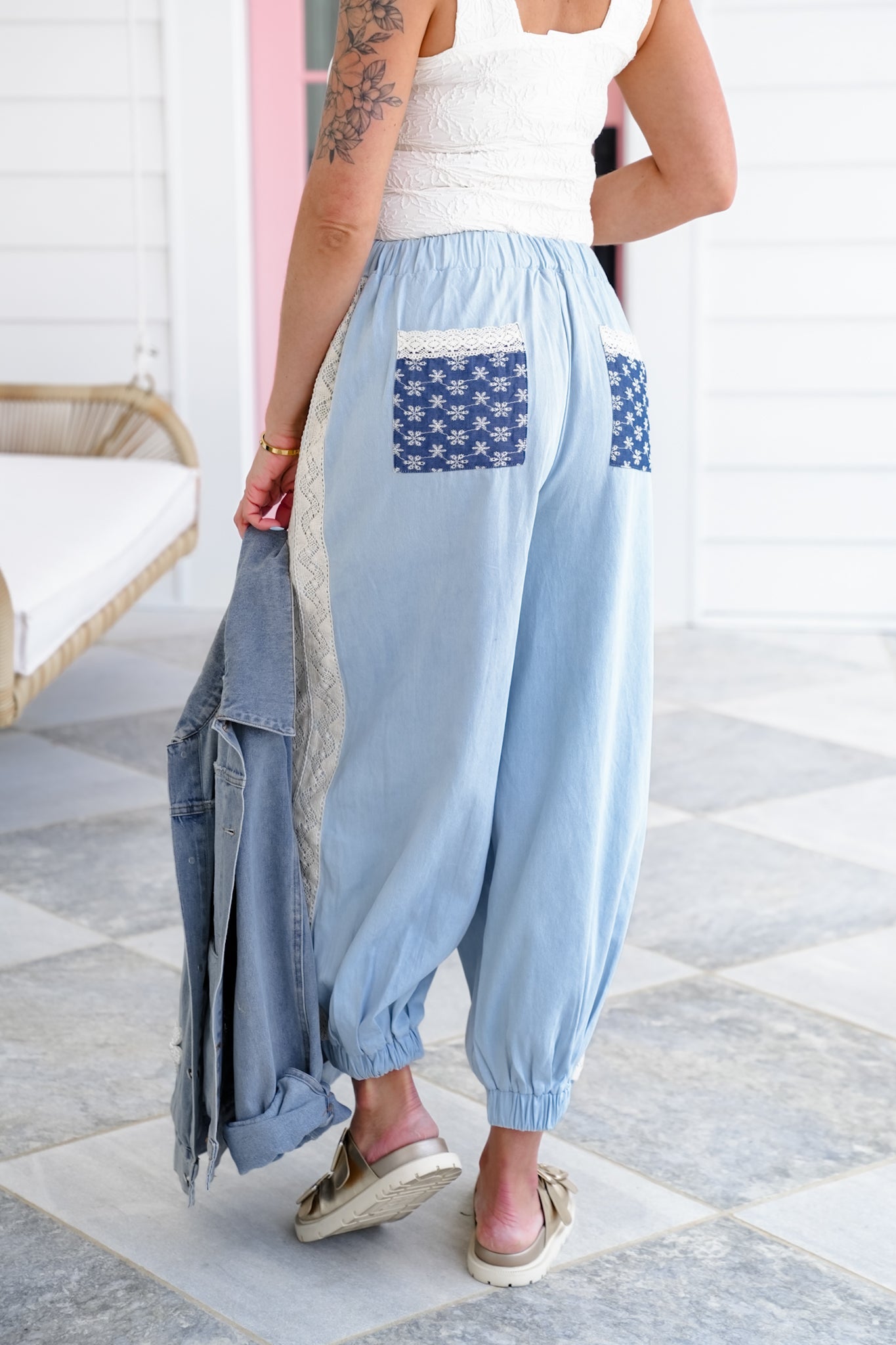 Pleated Elastic Waist Joggers with Lace Detail