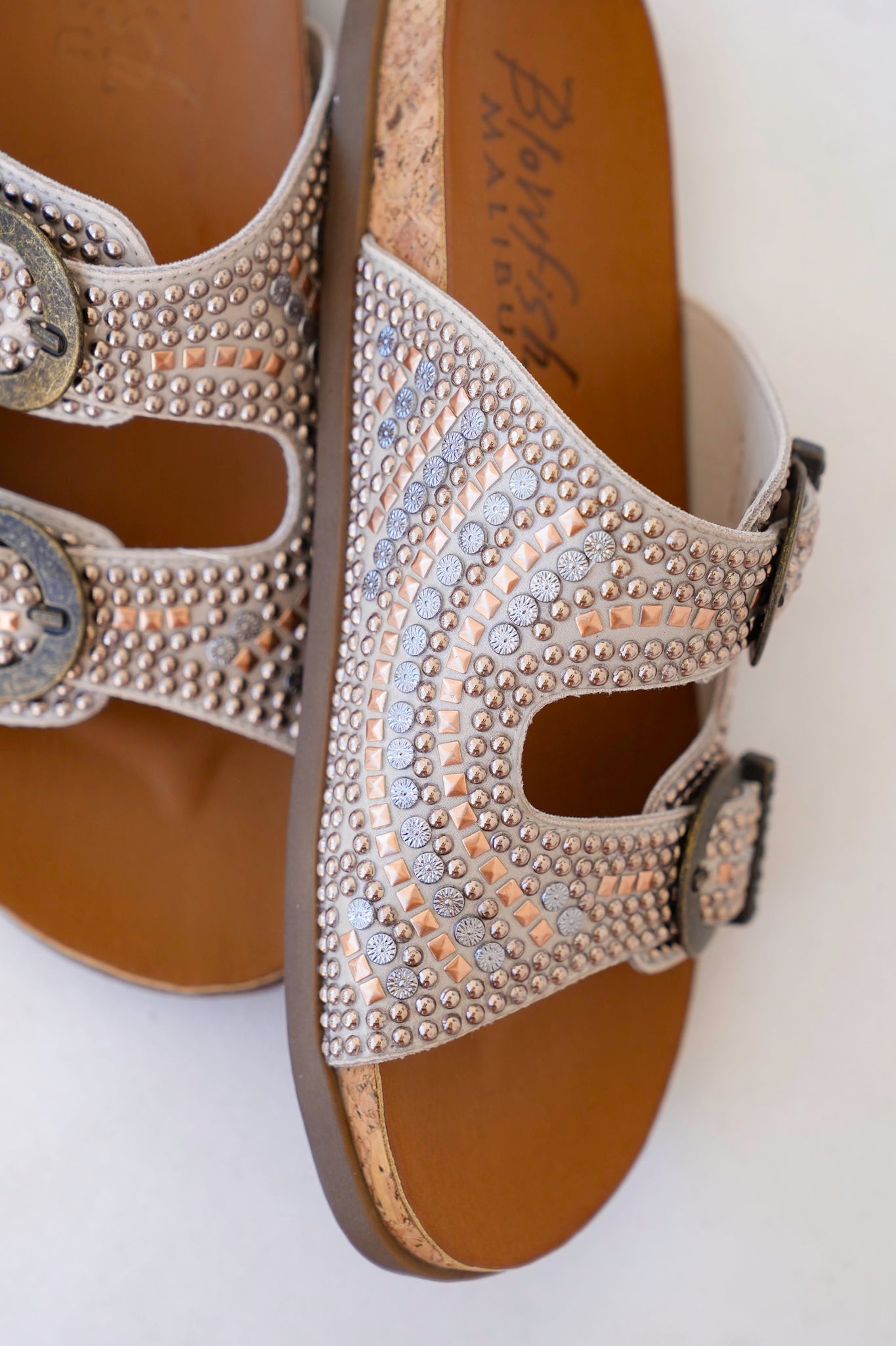 Blowfish Studded Cork Slide Sandals with Adjustable Buckle Detail