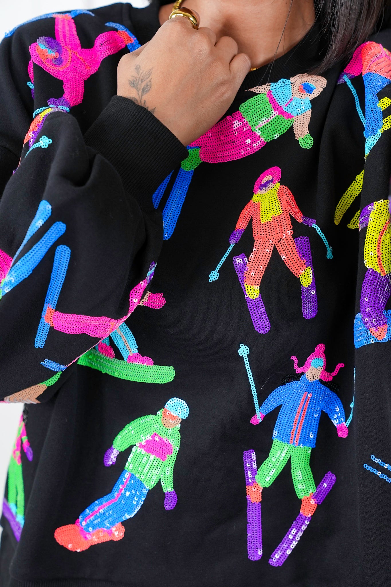 Plus/Reg Queen Of Sparkles All Over Neon Sequin Skiers Pullover Sweatshirt