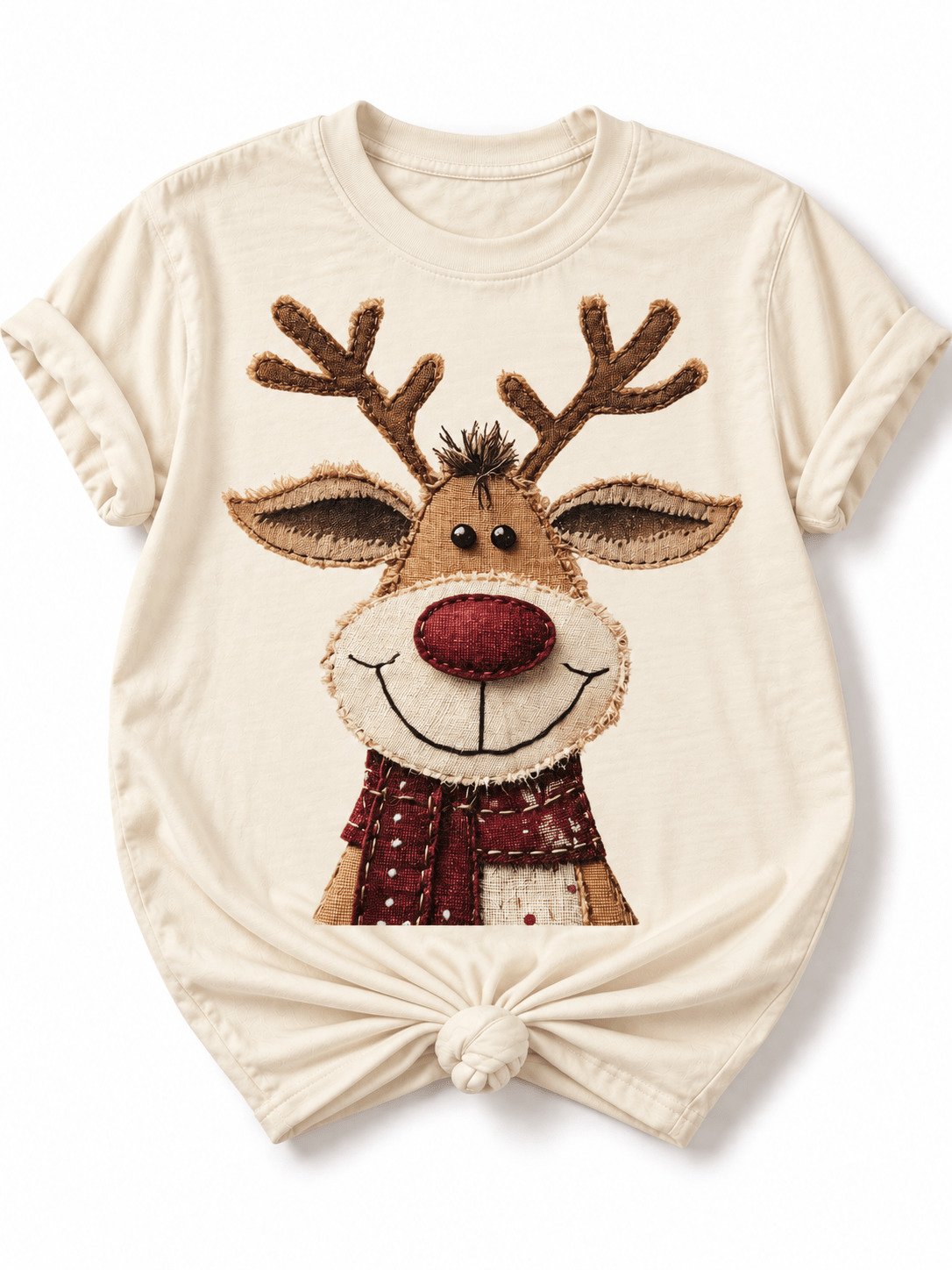 Plus/Reg Short Sleeve Patchwork Rudolph Graphic Tee - Freckled Poppy