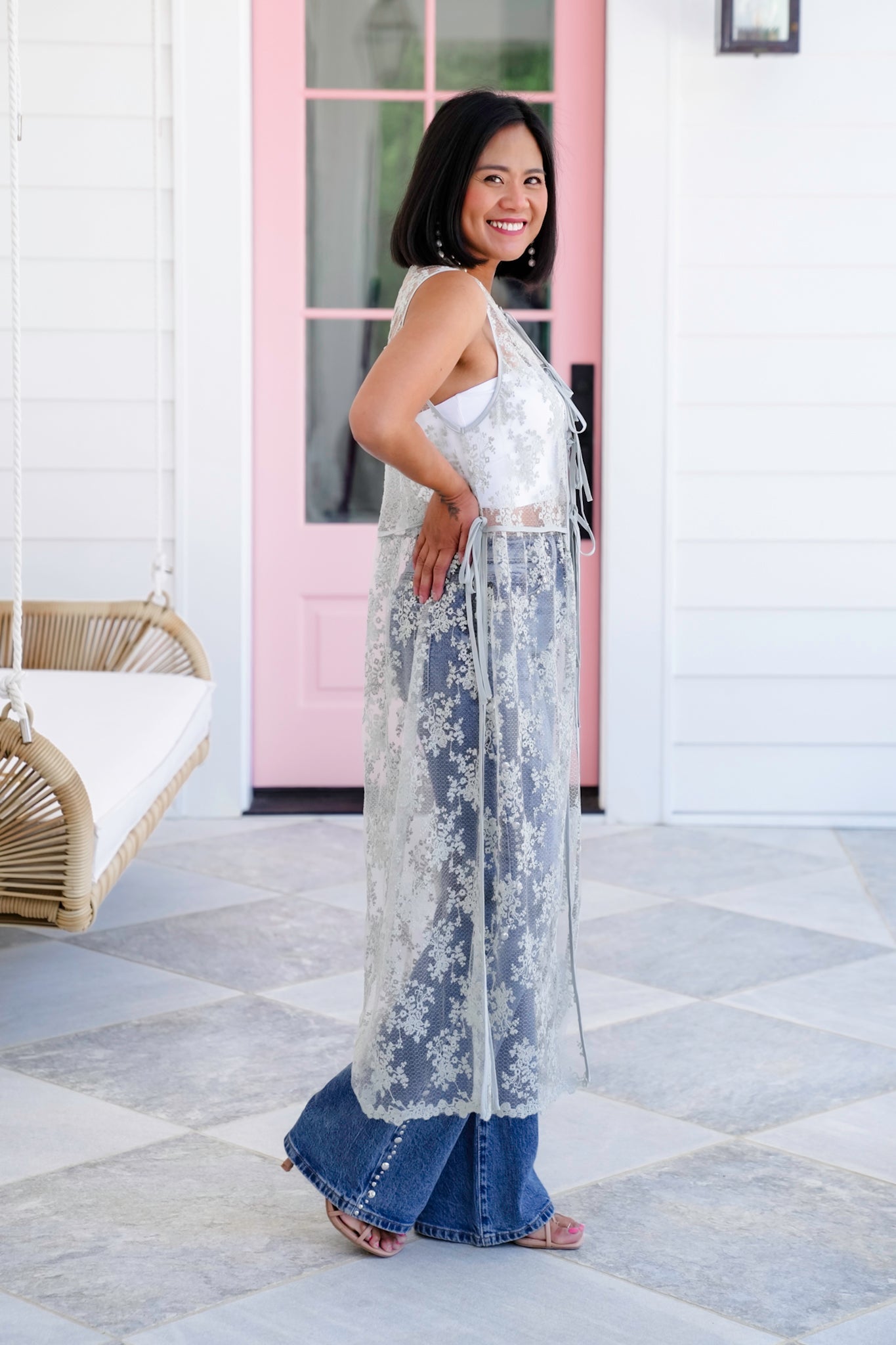 Sage Lace Sleeveless Long Vest with Tie Front Detail