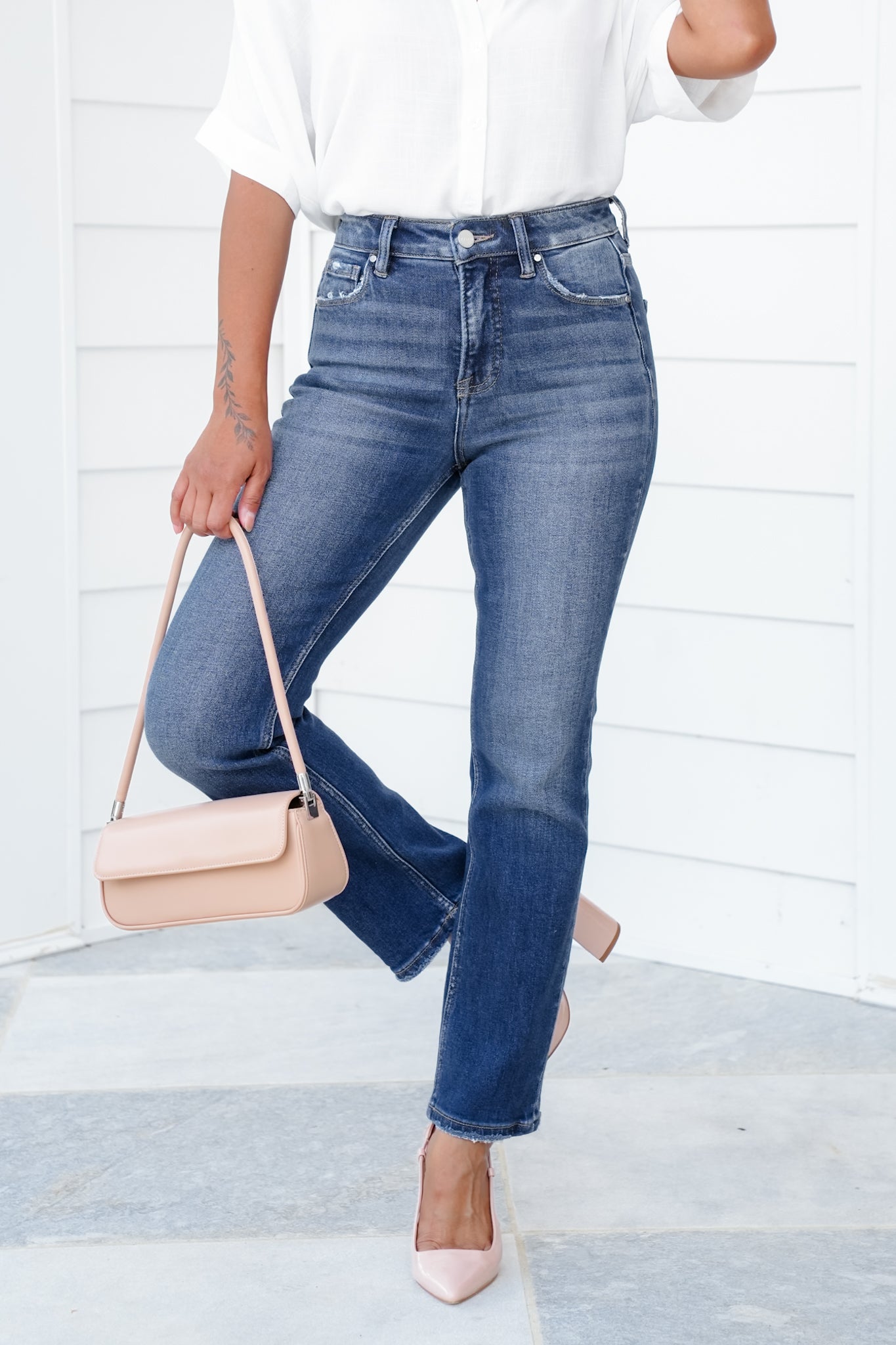 Risen High Rise Dark Wash Tummy Control Crop Straight Leg Jeans