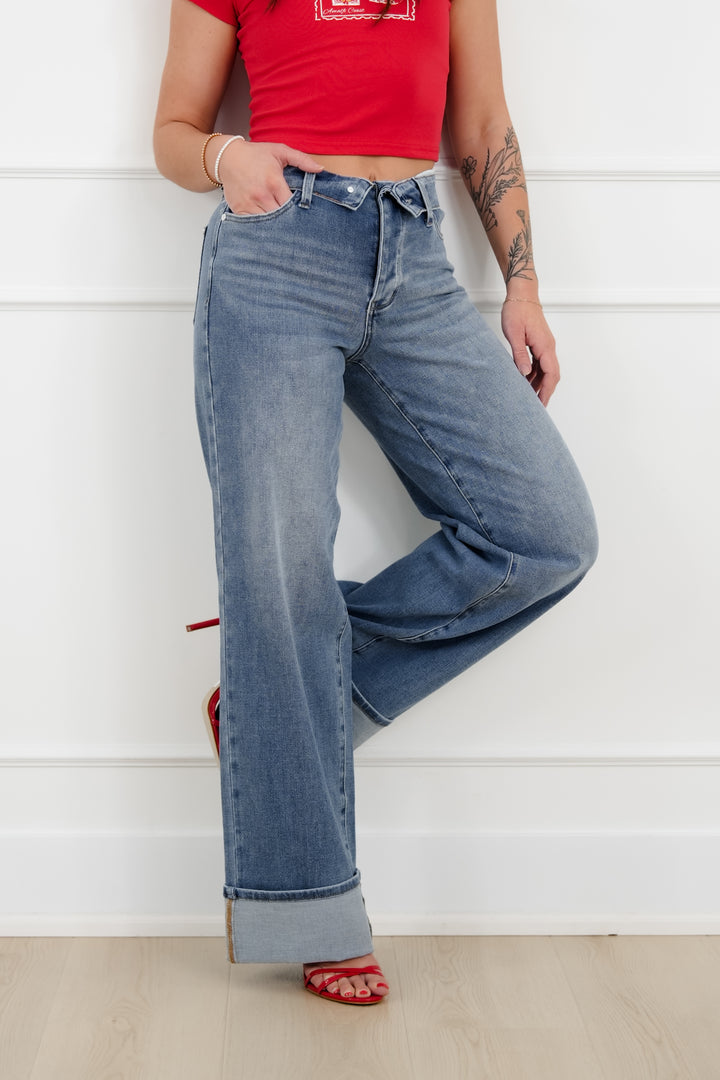 Judy Blue Catching Feelings Mid Rise Medium Wash Straight Leg Jeans with Folded Over Waistband