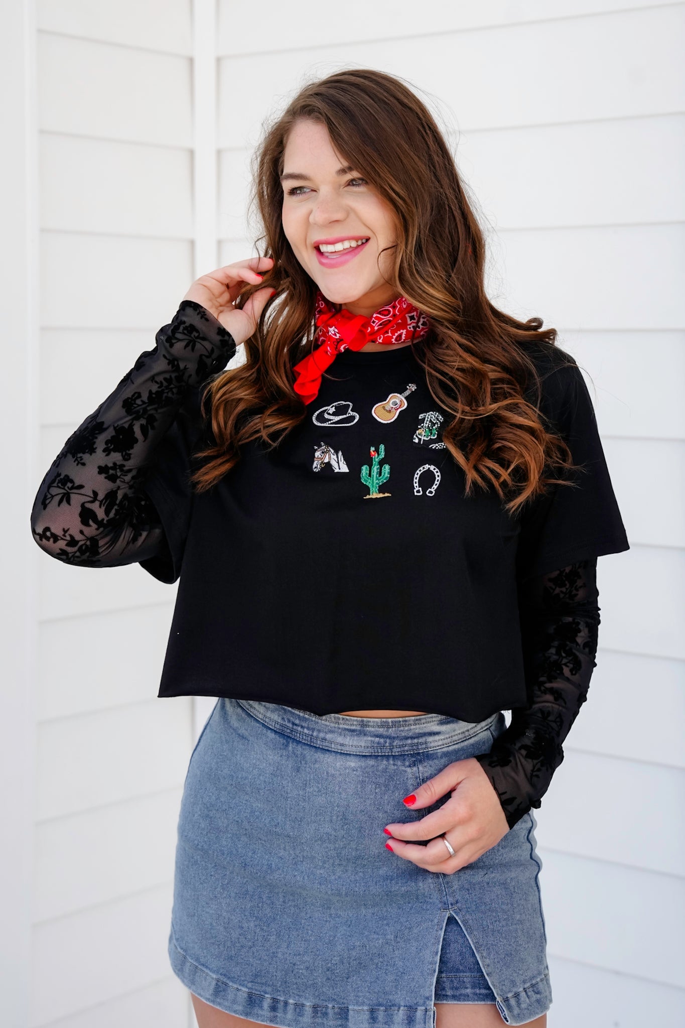Long Burnout Sleeve Layered Crop Top with Embroidered Western Theme Detail