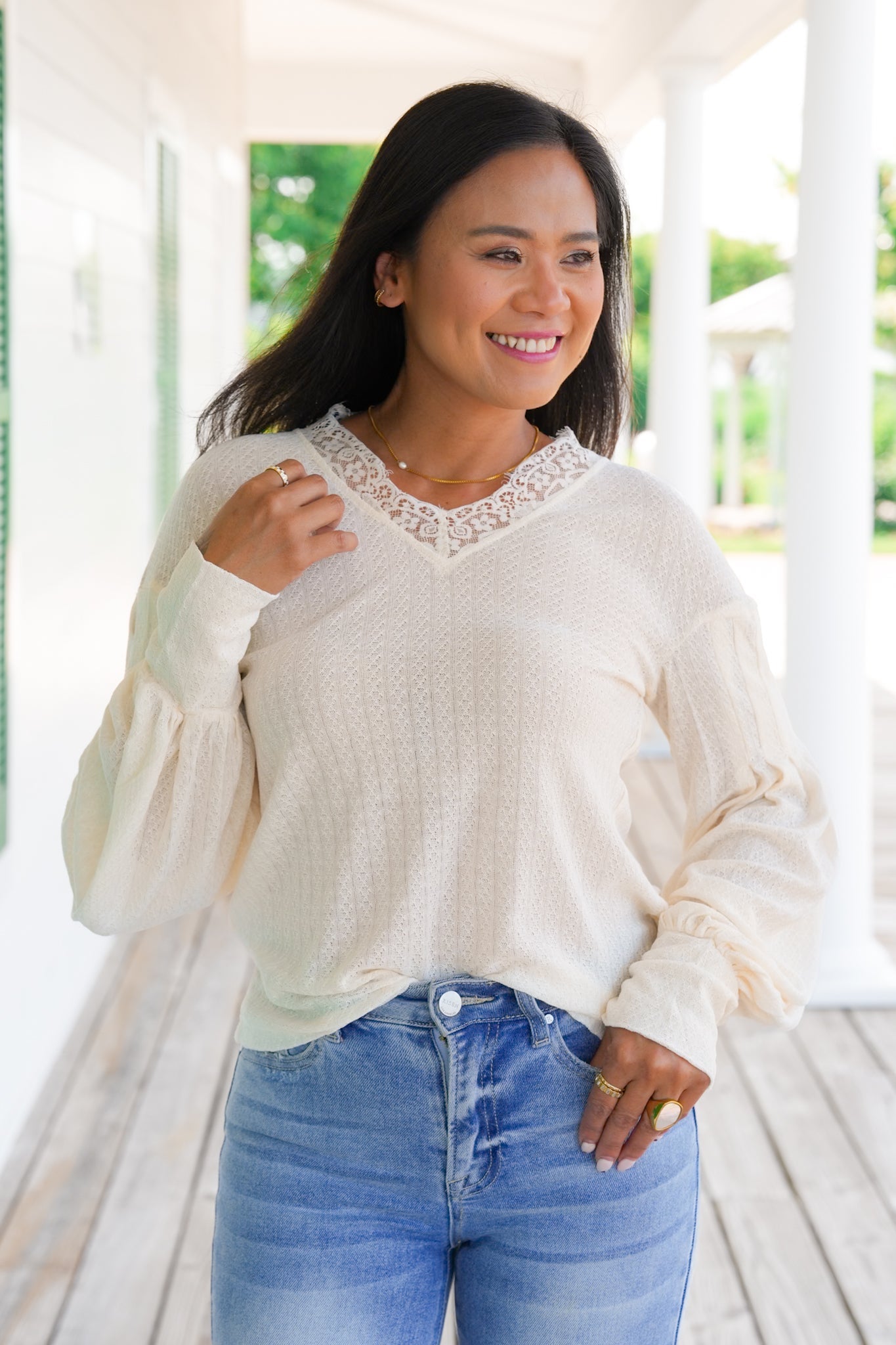 Knit Long Sleeve V Neck Top with Lace Detail (Multiple Colors)