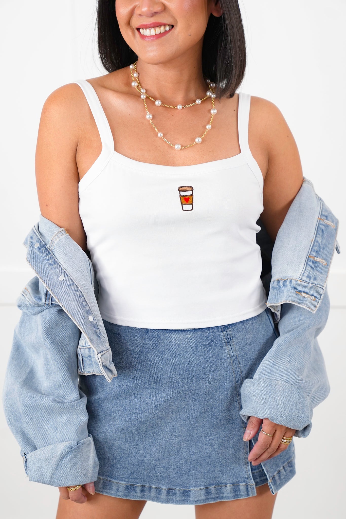White Tank Top with Embroidered "Coffee Cup" Detail