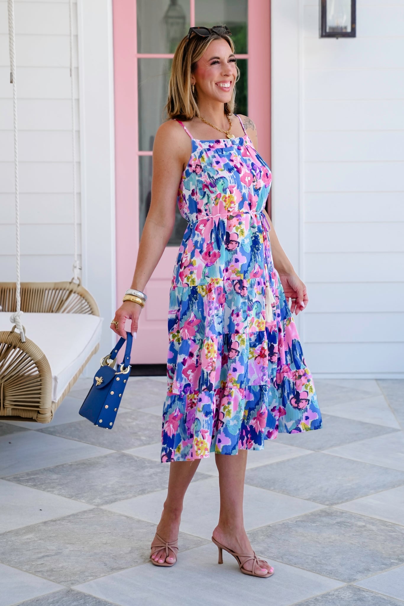Abstract Floral Print Sleeveless Button Up Belted Tiered Midi Dress