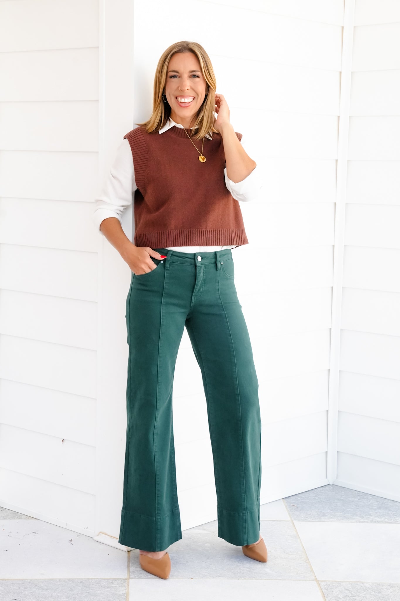 Risen Mid Rise Green Tummy Control Wide Leg Jeans with Large Wide Hem