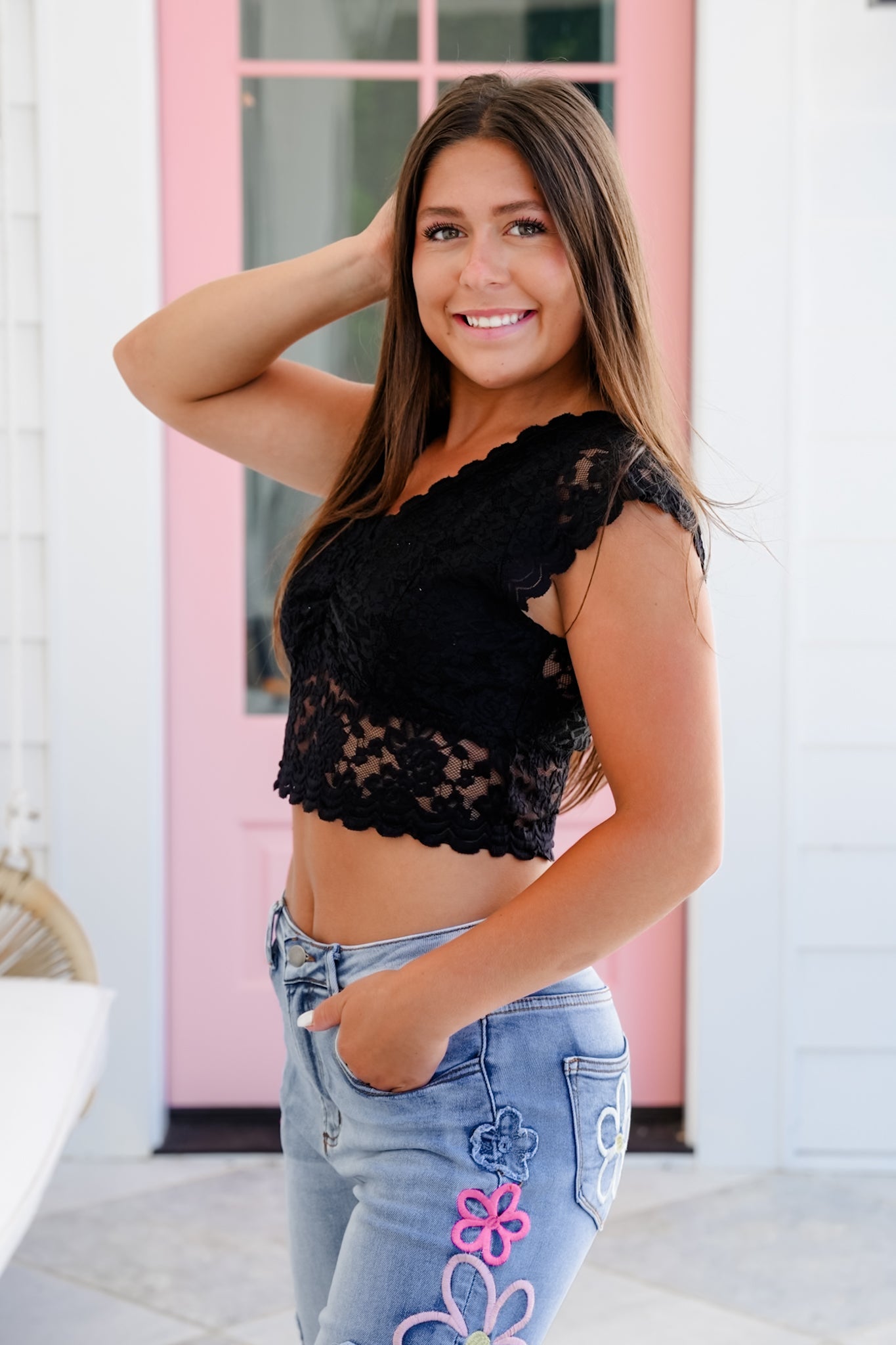 POL Lace Short Sleeve V Neck Cropped Top with Scallop Detail