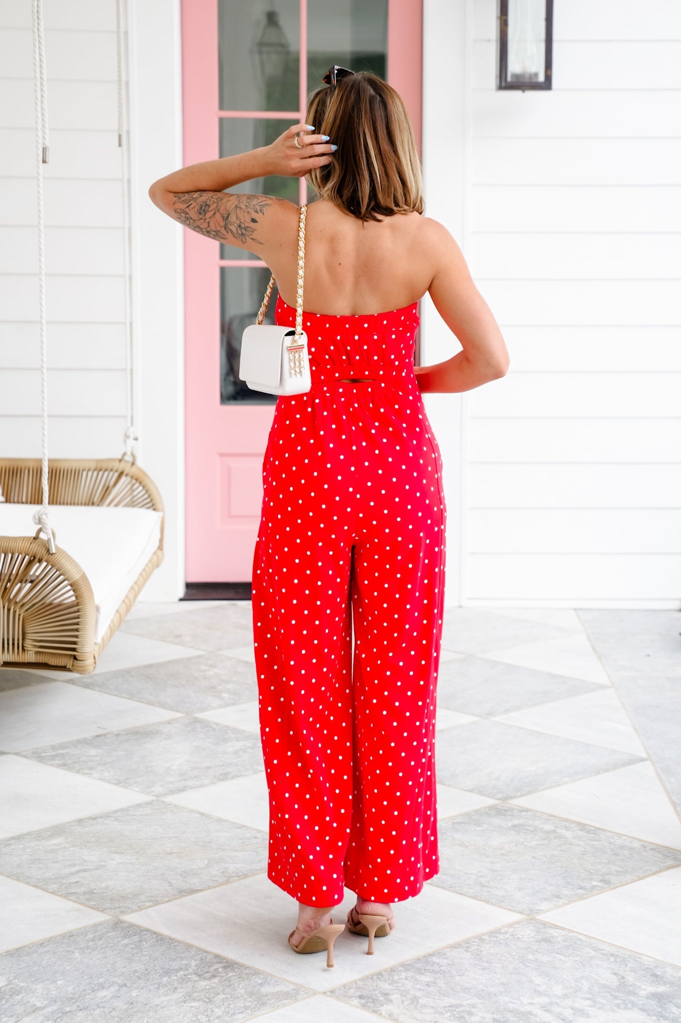 Plus/Reg Red Polka Dot Print Strapless Wide Leg Jumpsuit