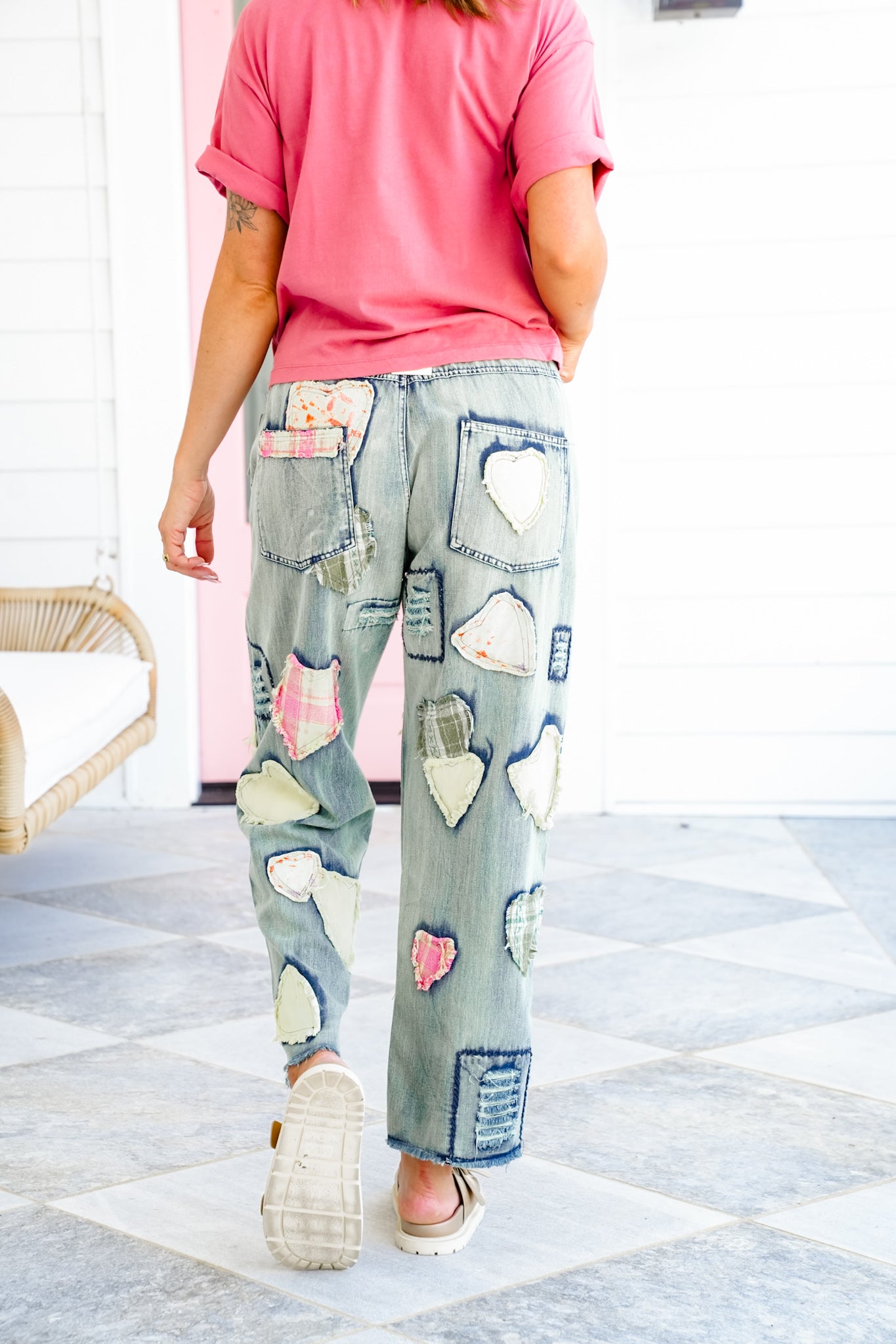 Denim Boyfriend Fit Jeans with Patchwork Detail