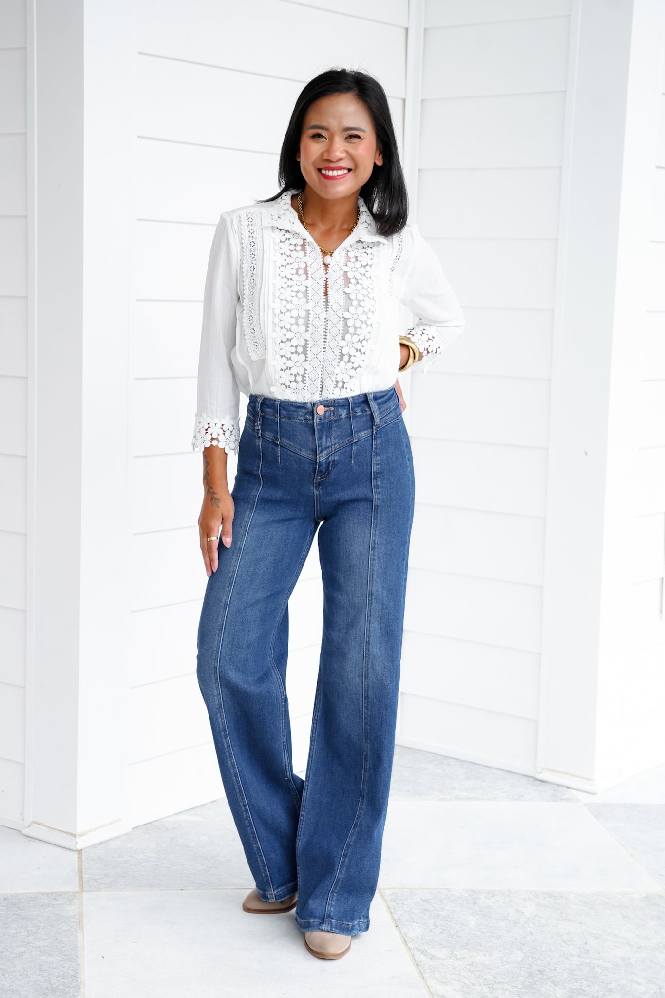 Risen High Rise Dark Wash Wide Leg Jeans with Front Yoke Detail