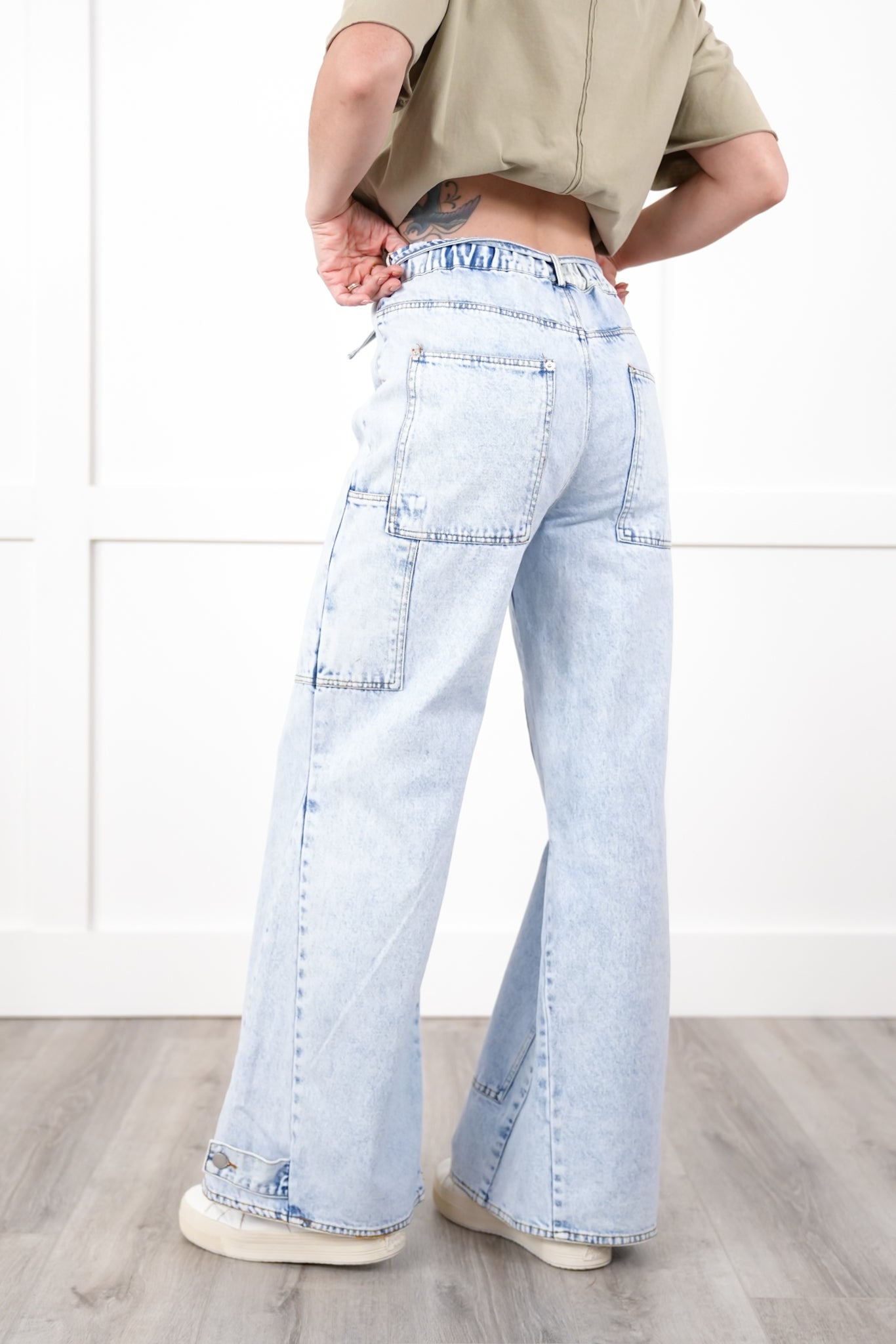 Denim Mineral Wash Elastic Waistband Flare Pants With Pocket Detail