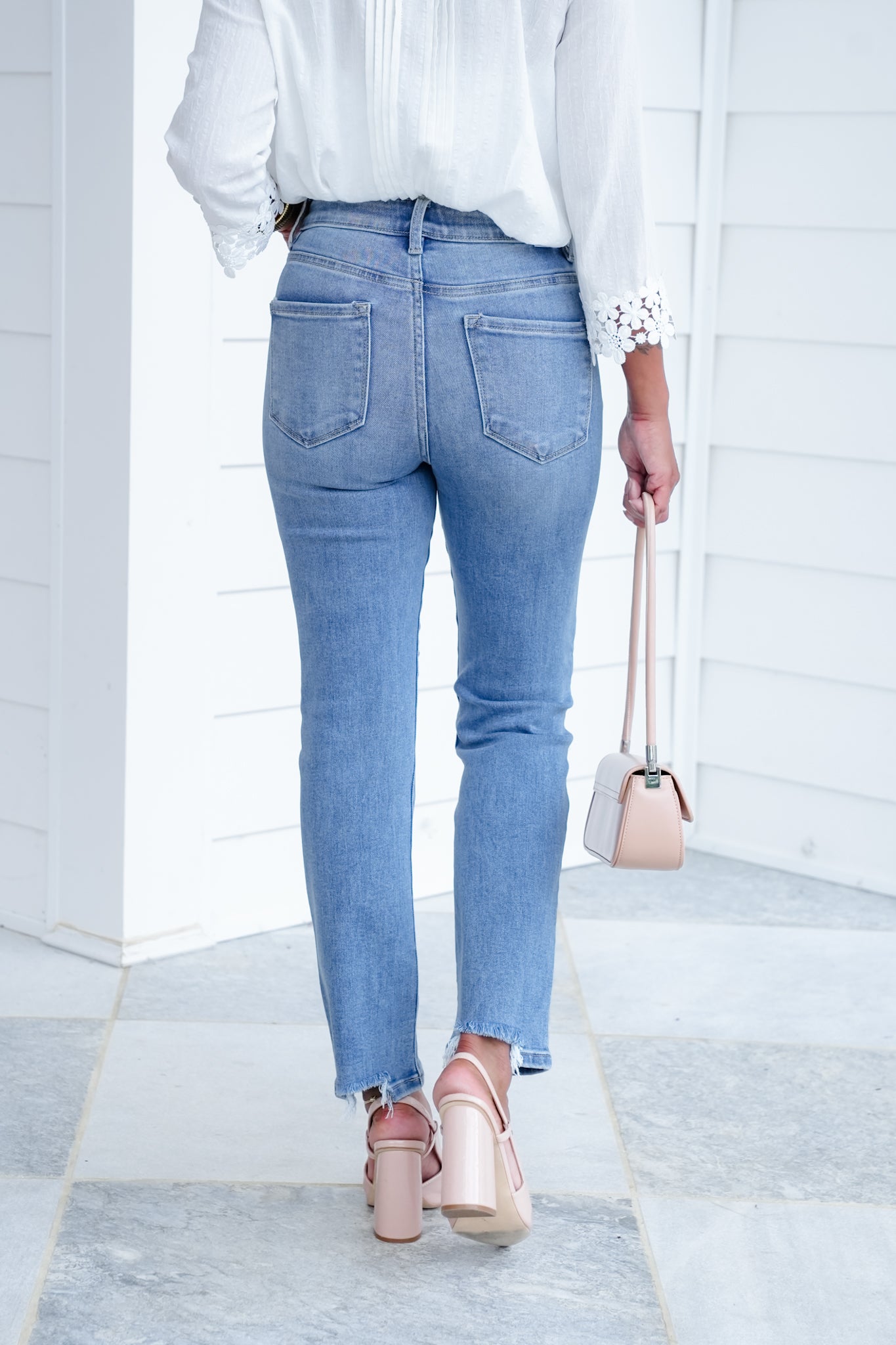 Risen High Rise Medium Wash Tummy Control Elastic Waistband Cropped Straight Leg Jeans