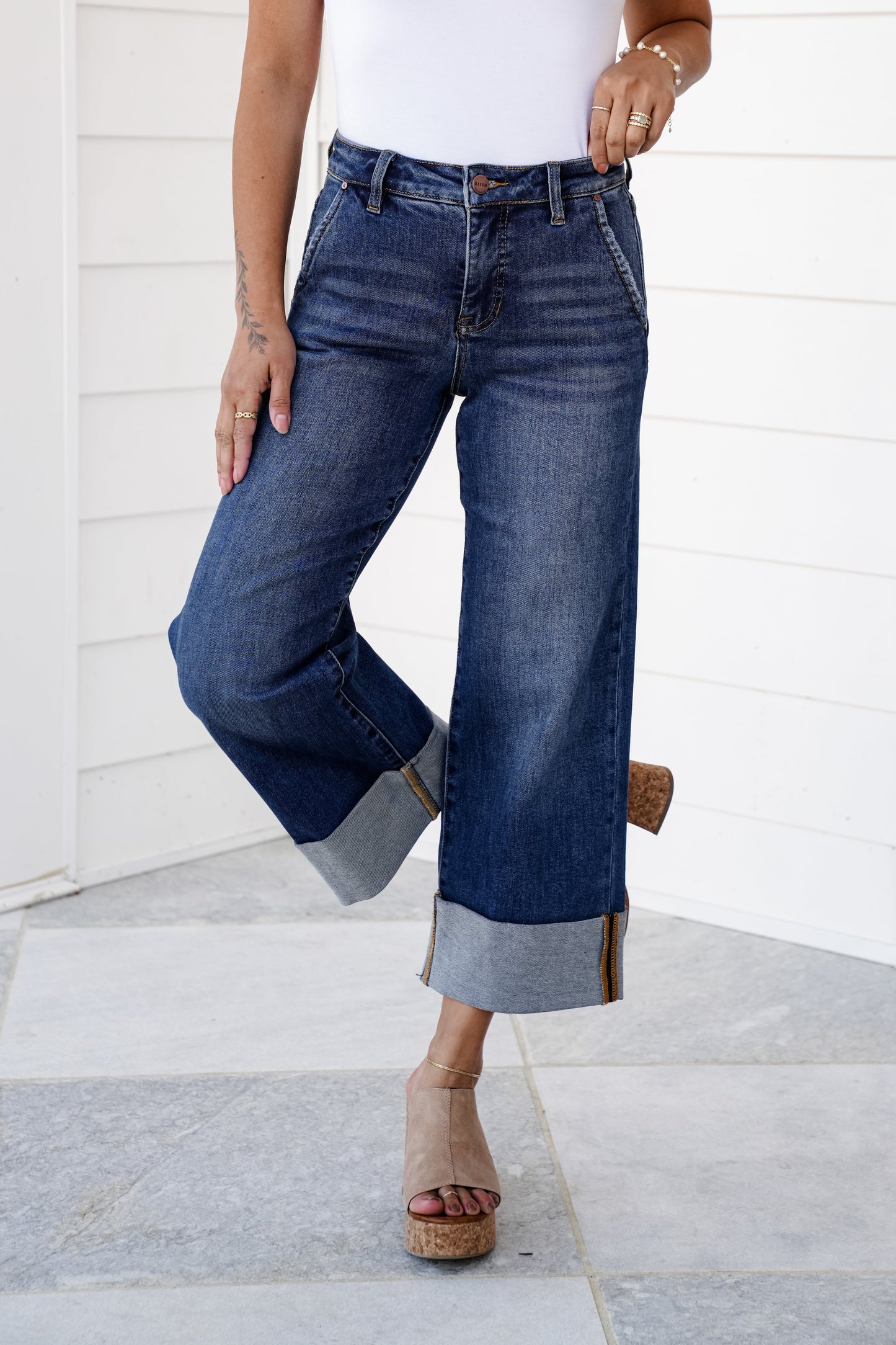 Risen High Rise Dark Wash Tummy Control Wide Leg Cuffed Jeans