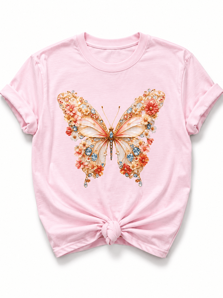 Plus/Reg Short Sleeve Jeweled Butterfly Graphic Tee - Freckled Poppy