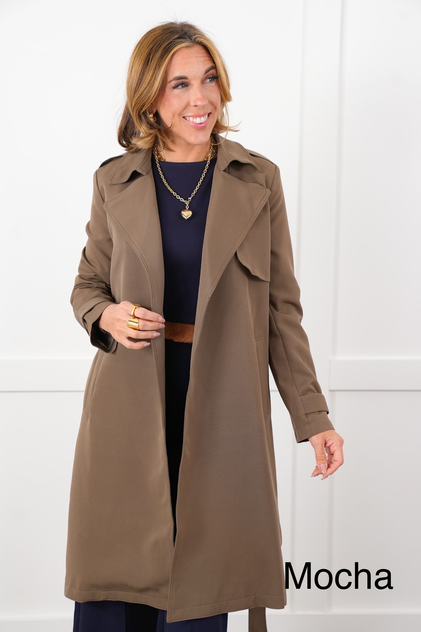Long Sleeve Open Front Belted Trench Coat
