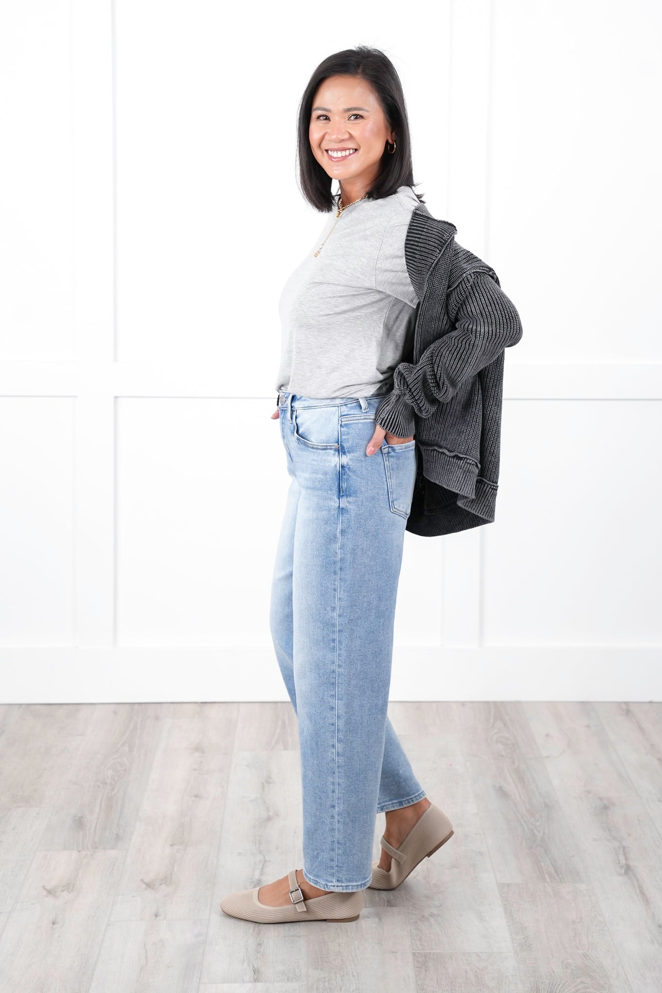 Risen High Rise Light Wash Ankle Barrel Jeans with Cuff