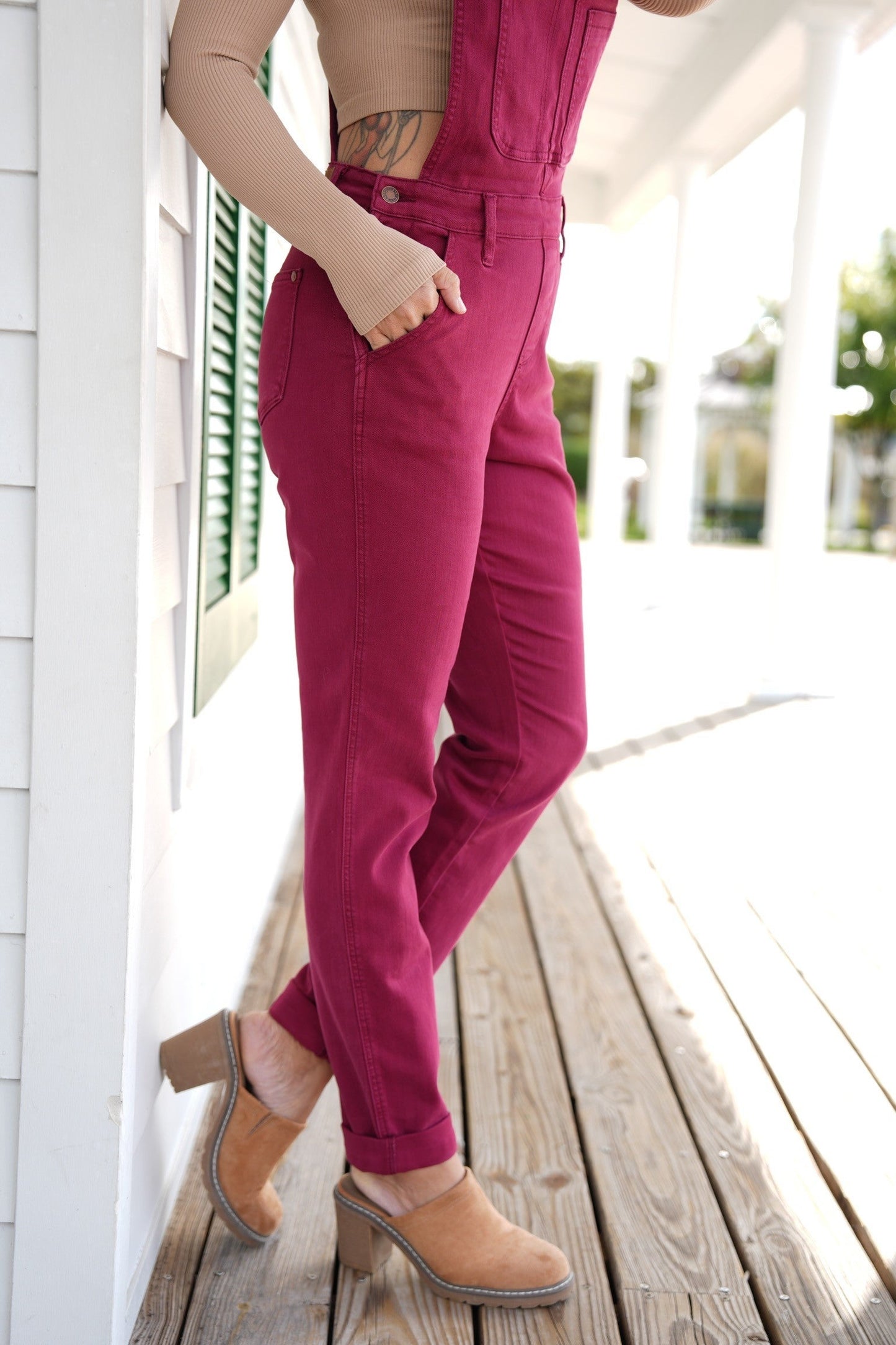 Judy Blue High Rise Maroon Garment Dyed Double Cuffed Boyfriend Overalls