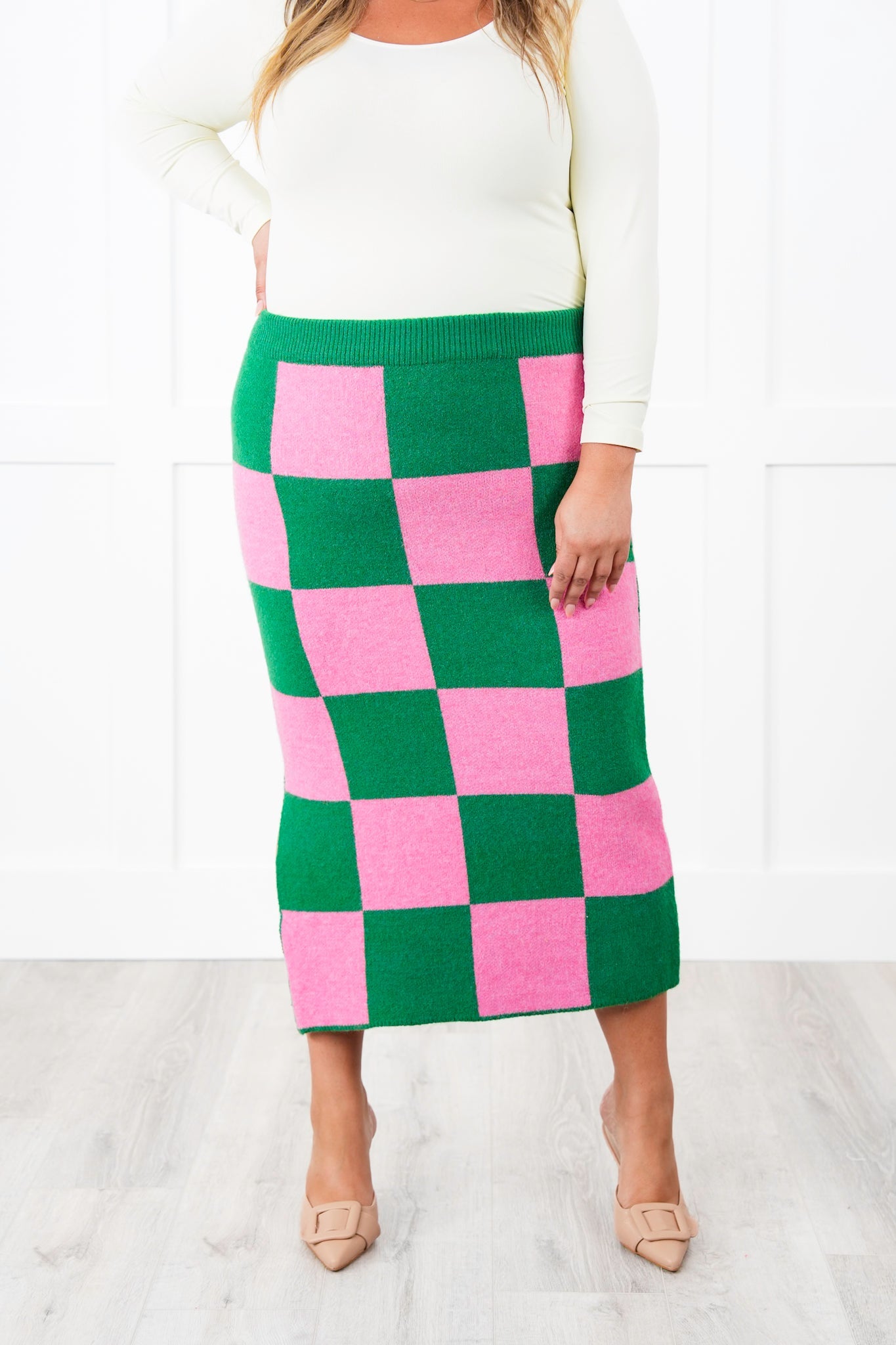 Restock! Plus/Reg Checkered Pencil Midi Sweater Skirt