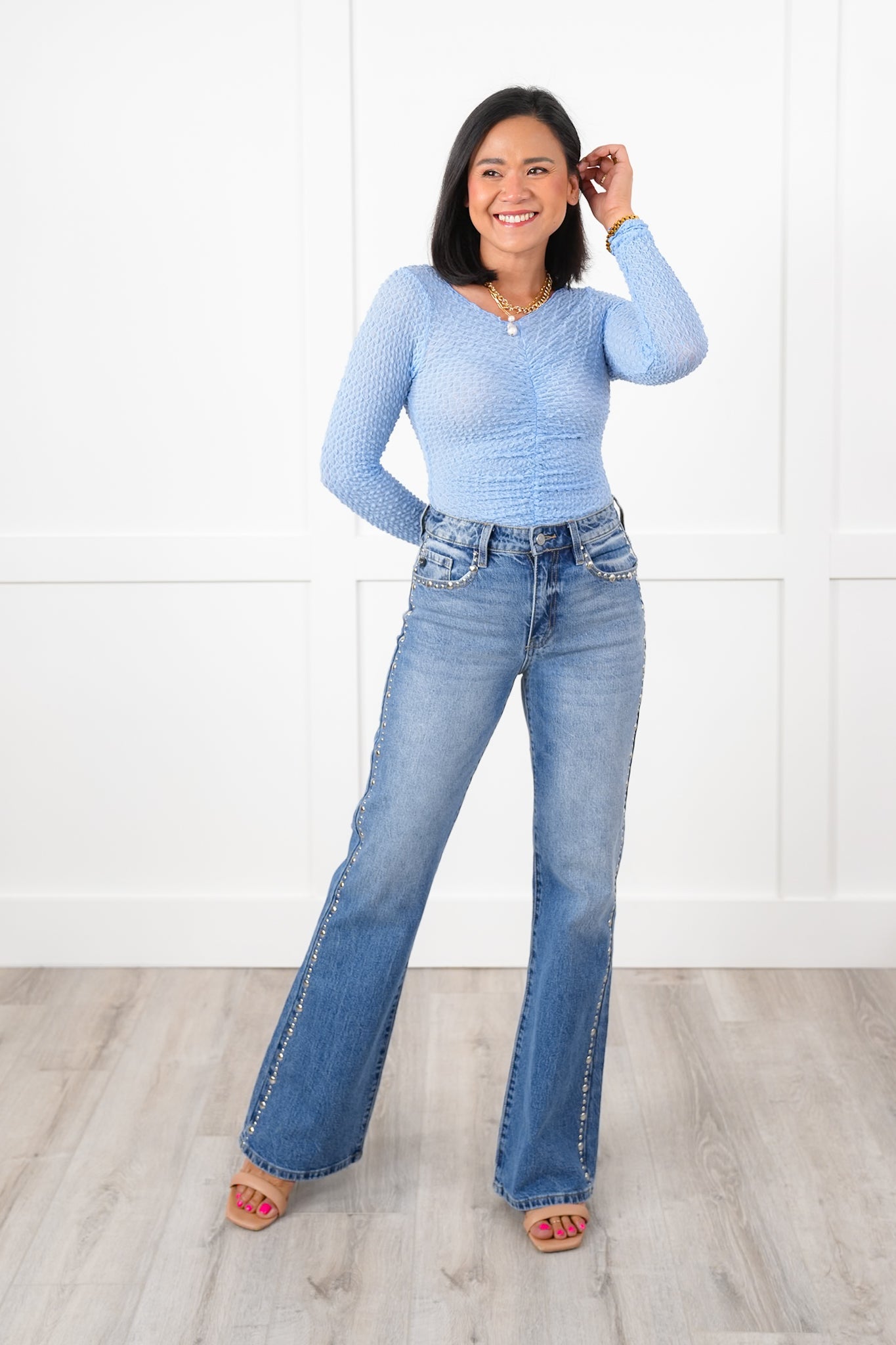 Textured Long Sleeve Top with Ruched Detail