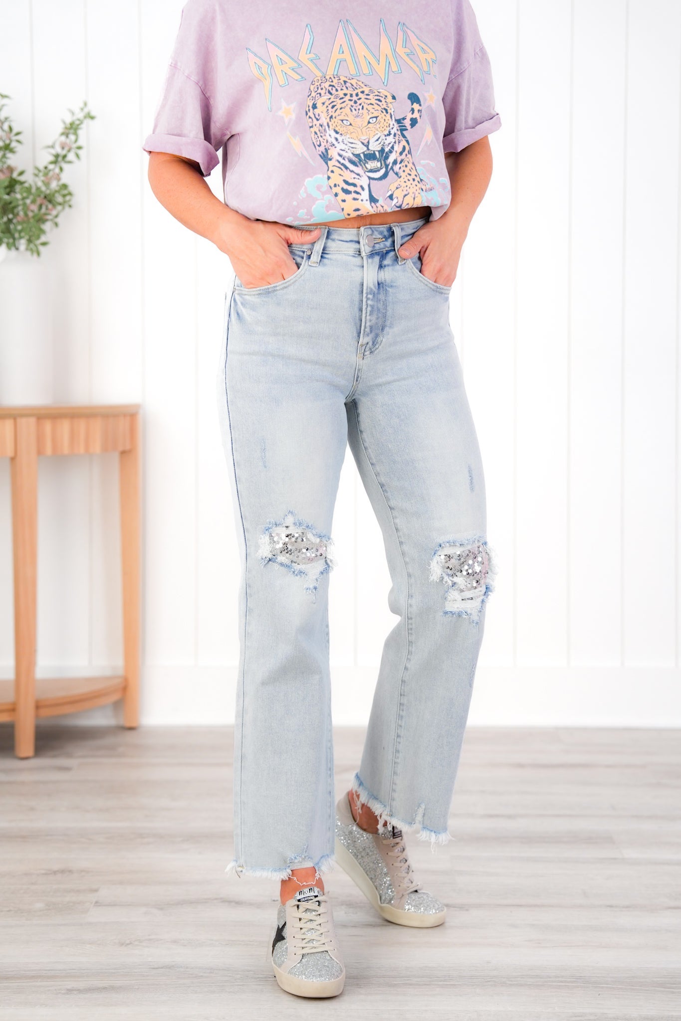 Risen High Rise Acid Wash Sequin Knee Patches Relaxed Straight Leg Jeans