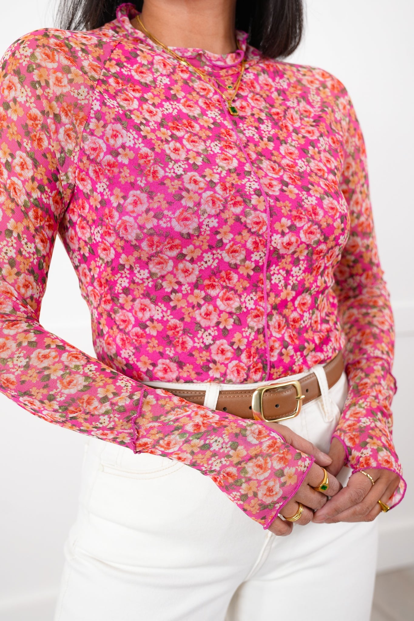 Restock! Plus/Reg Floral Mesh Long Sleeve Mock Neck Top