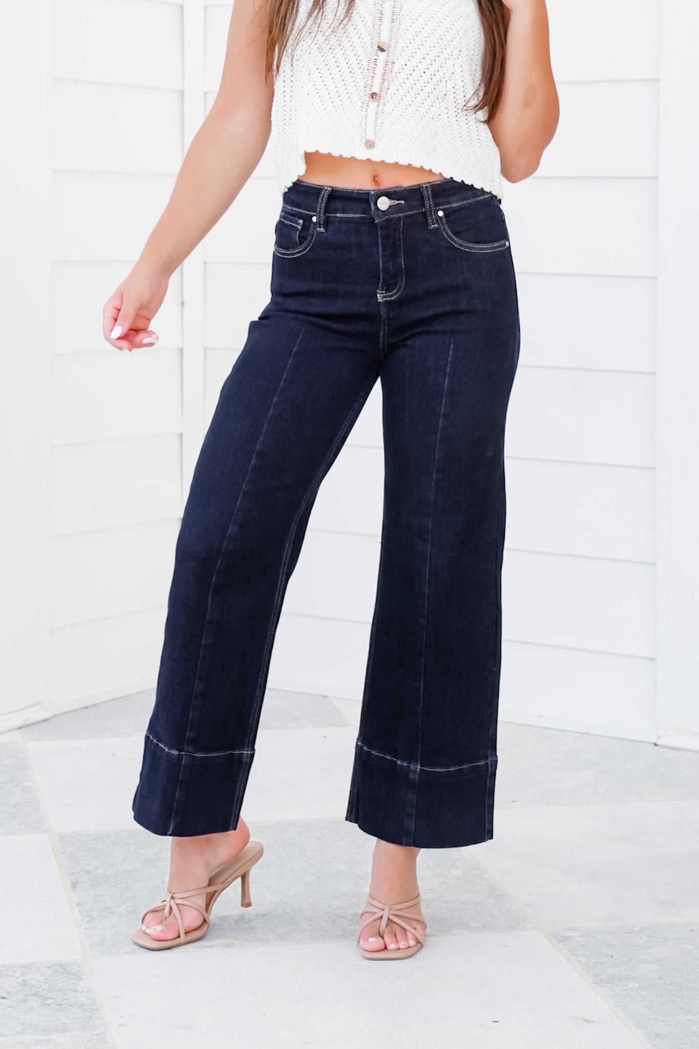 Risen High Rise Dark Wash Tummy Control Cropped Wide Leg Jeans with Seam Detail