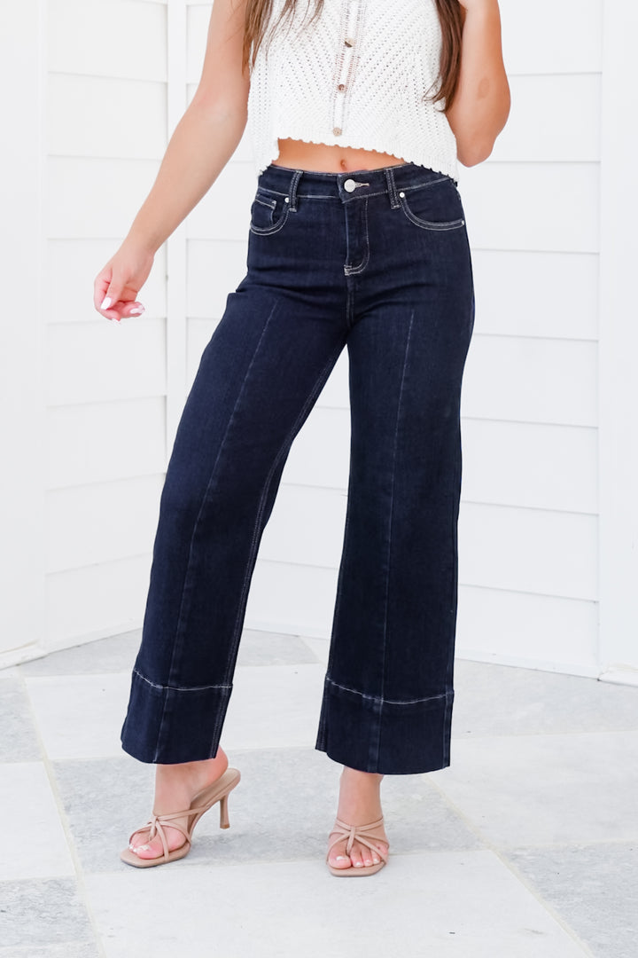 Risen High Rise Dark Wash Tummy Control Cropped Wide Leg Jeans with Seam Detail