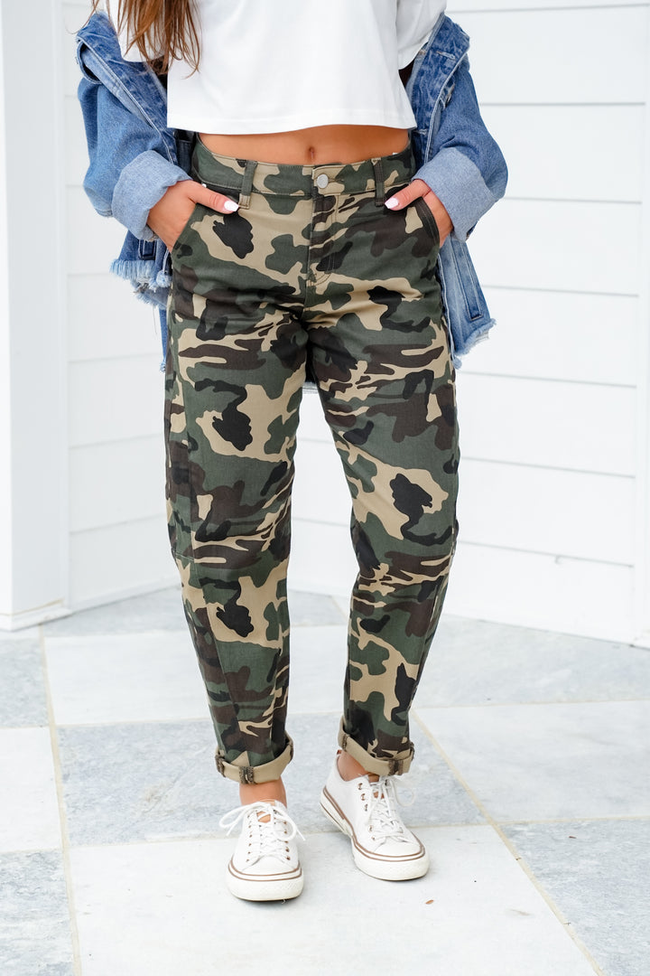 Restock! Risen High Rise Camo Ankle Barrel Pants with Double Cuff