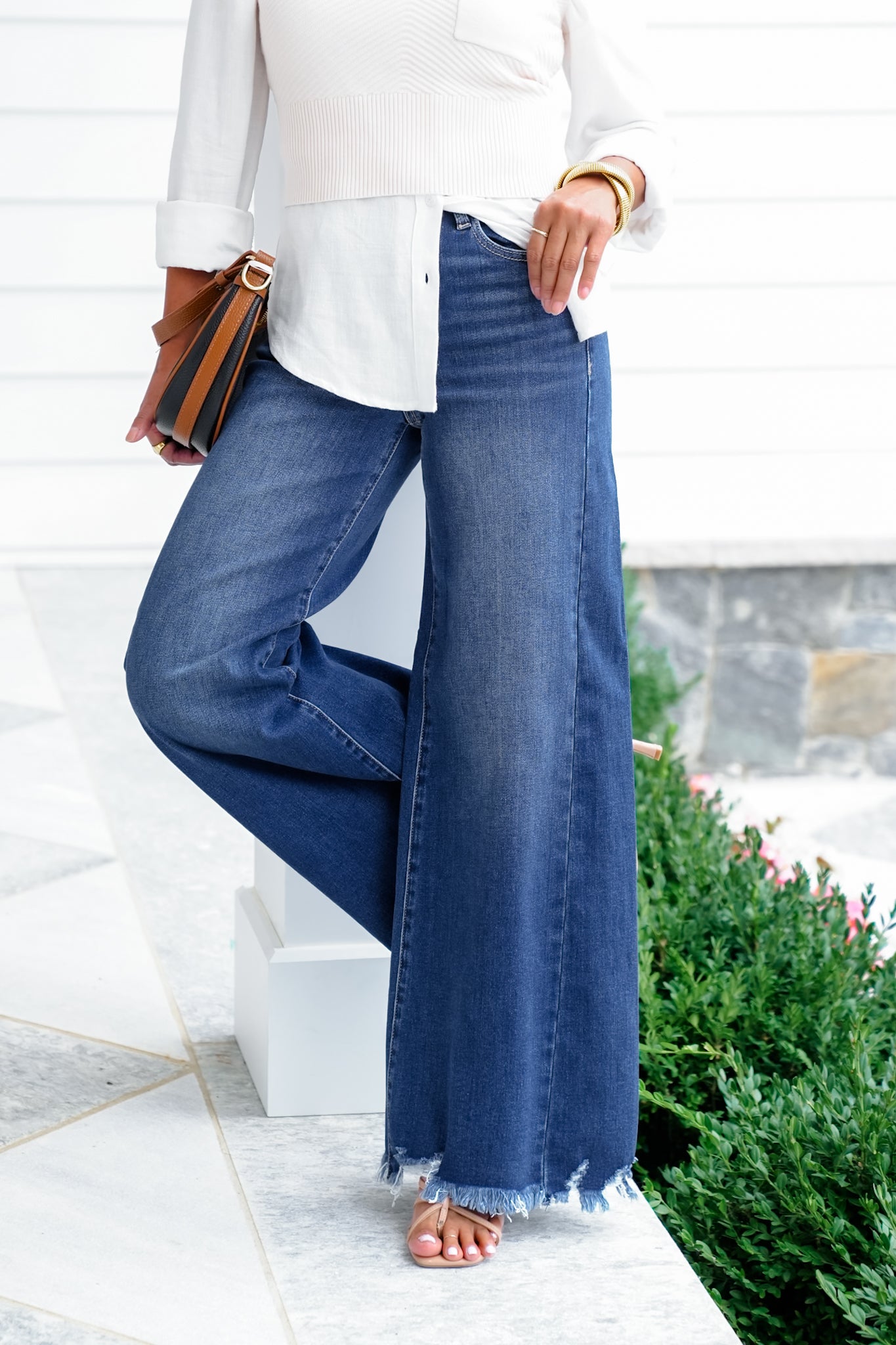 Risen High Rise Dark Wash Wide Leg Jeans