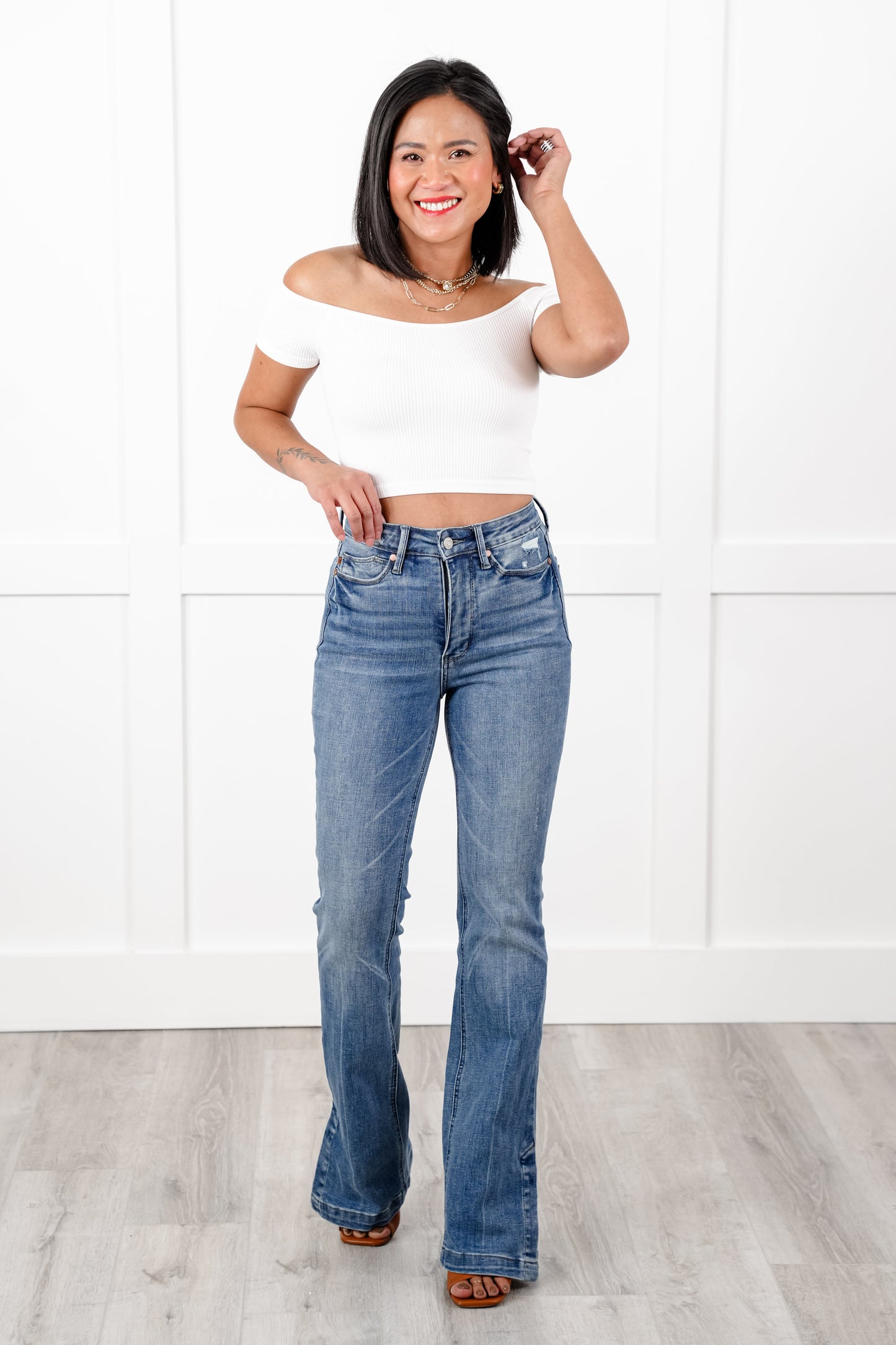 Judy Blue High Rise Medium Vintage Wash Tummy Control Slim Bootcut Jeans with Side Slit