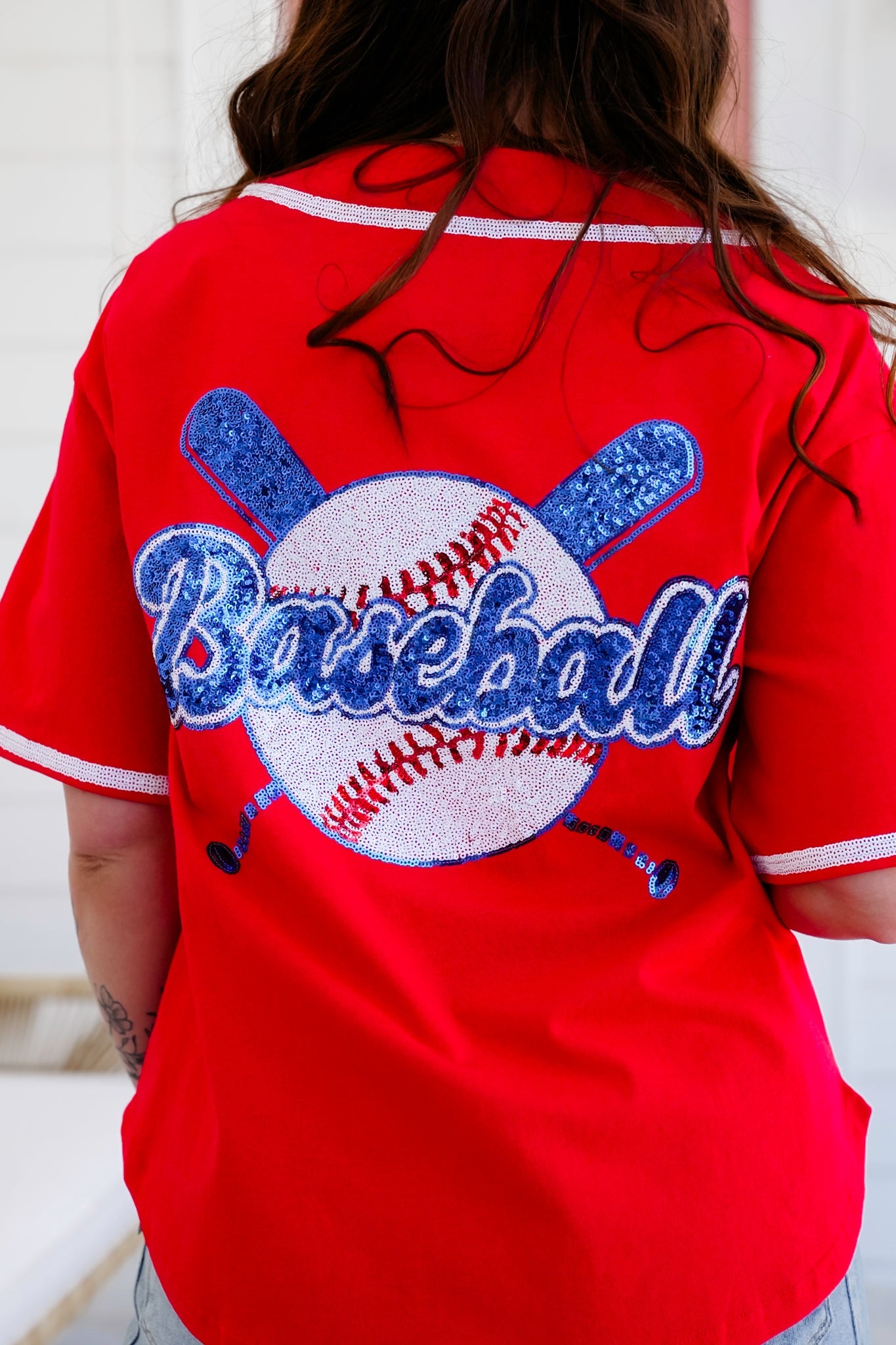 Red Short Sleeve Button Down Baseball Top with Sequin Detail