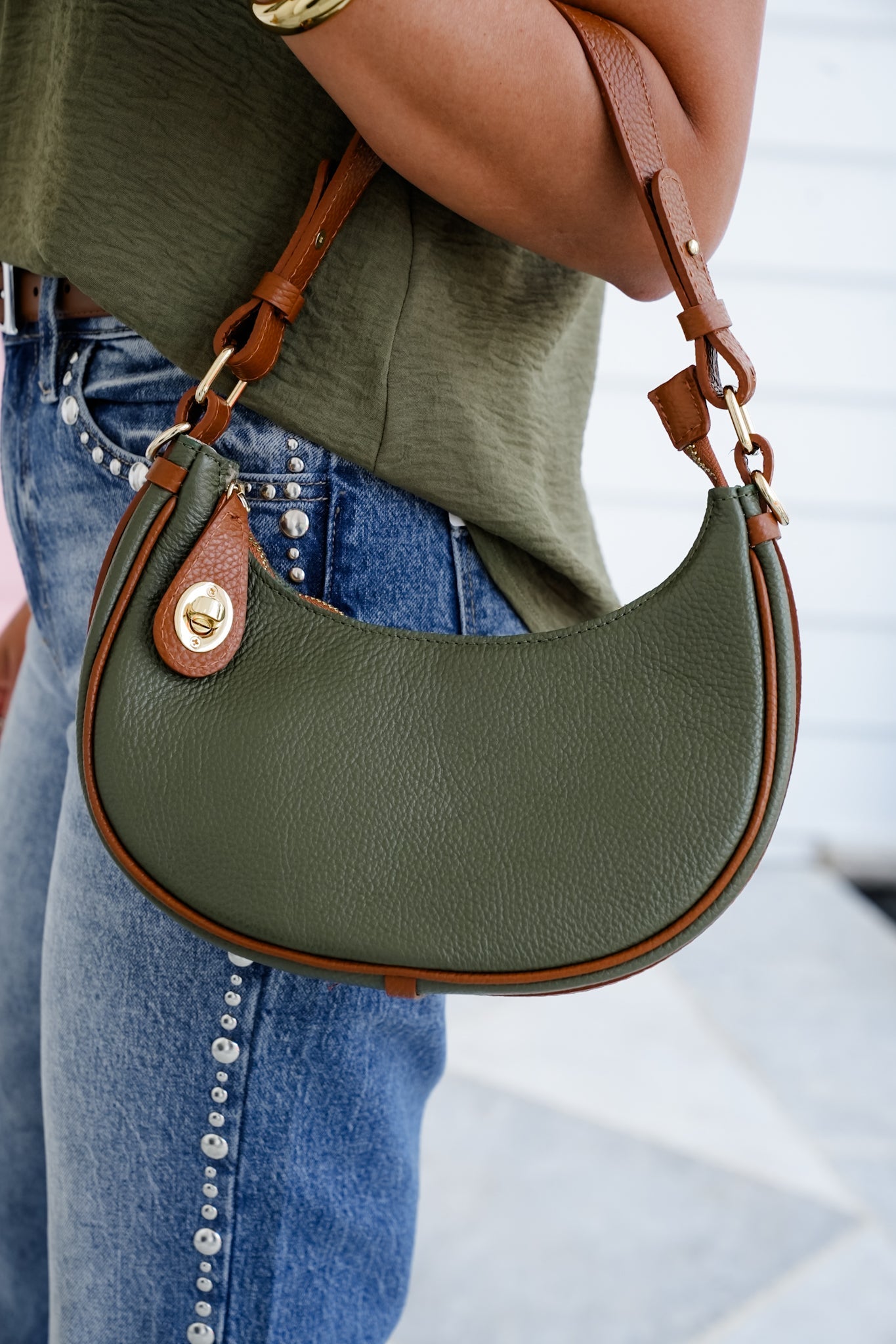 Pebbled Leather Handbag with Turn Lock