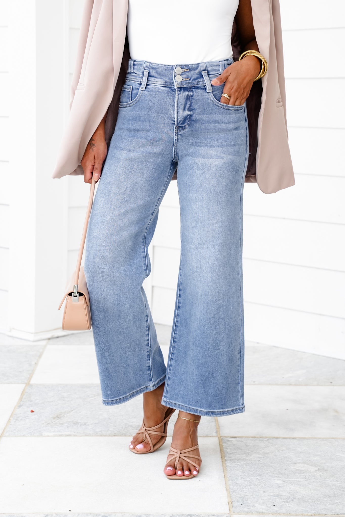 Risen High Rise Medium Wash Tummy Control Crop Wide Leg Jeans with Bow Detail