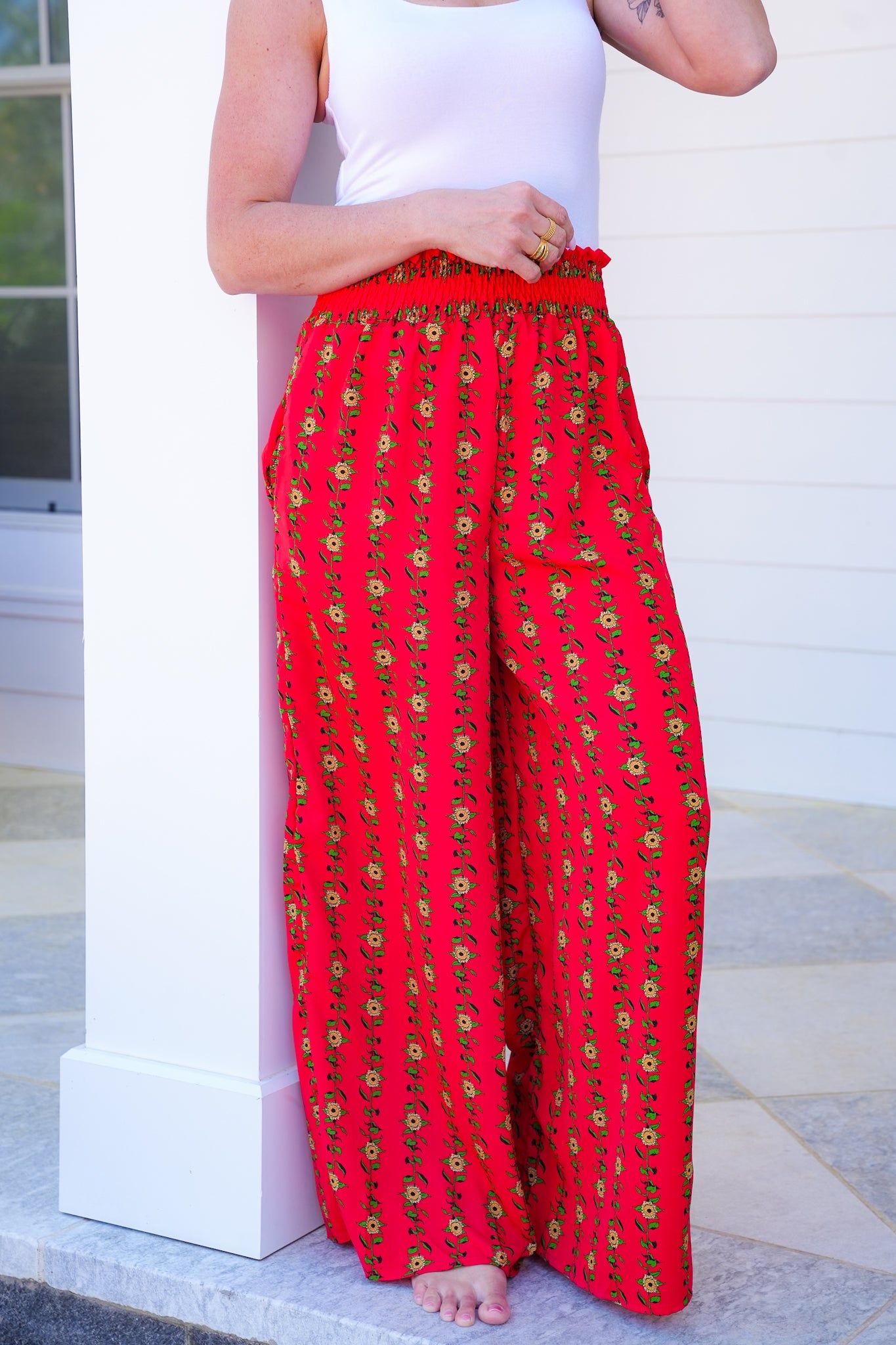 Plus/Reg Floral Print High Waist Wide Leg Pants with Side Pockets