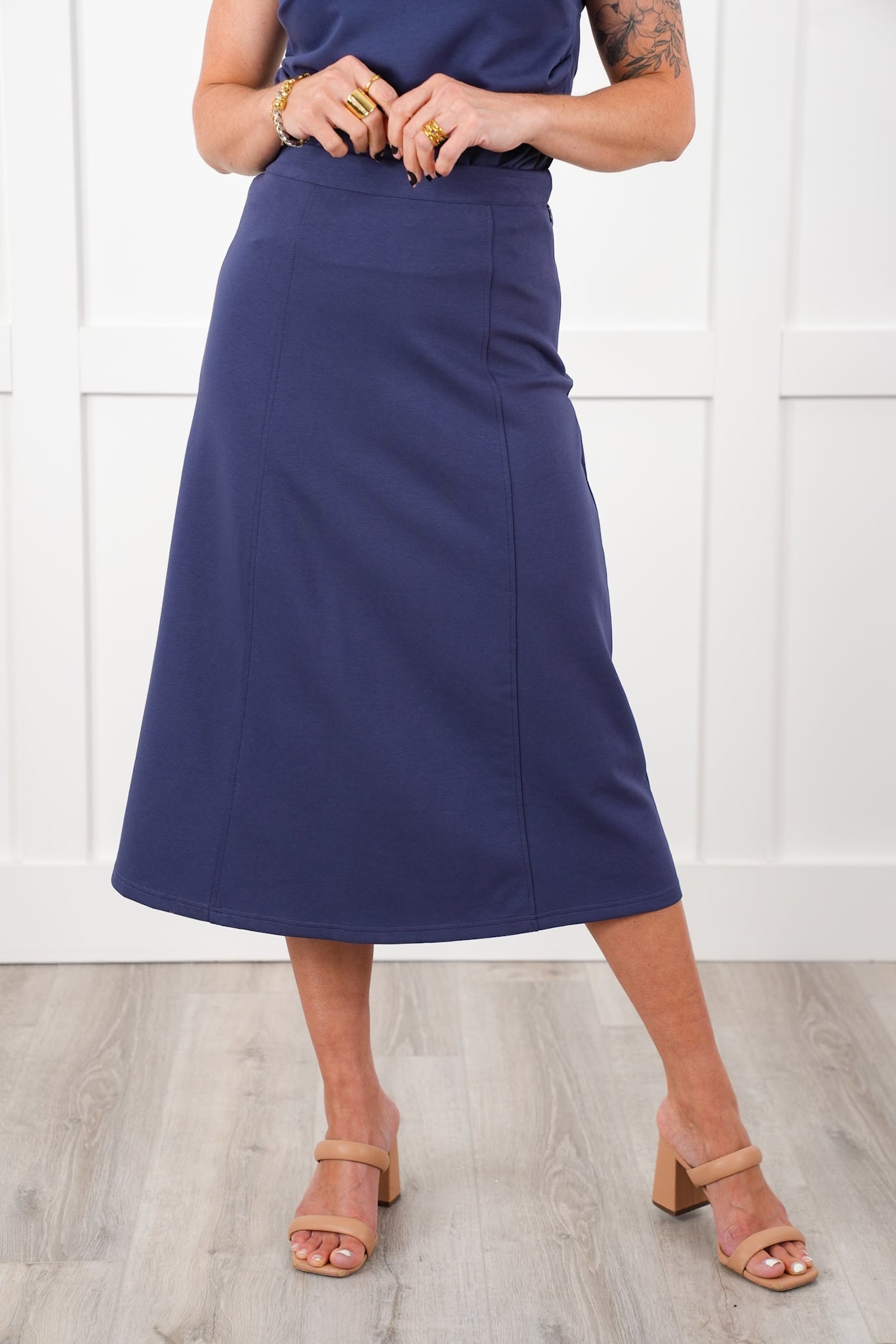 Navy Elastic Waist A-Line Midi Knit Skirt