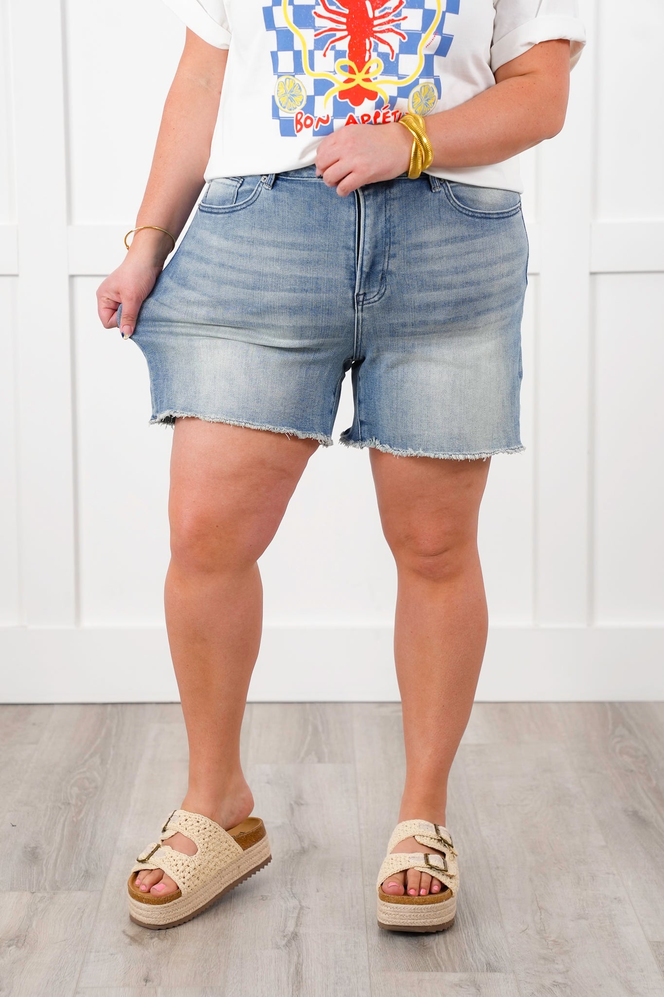 Mica Medium Wash Frayed Hem Shorts