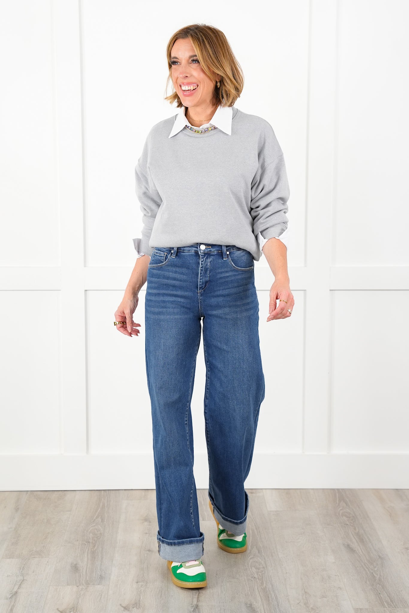 Risen High Rise Dark Wash Tummy Control Wide Leg Long Inseam Cuffed Jeans
