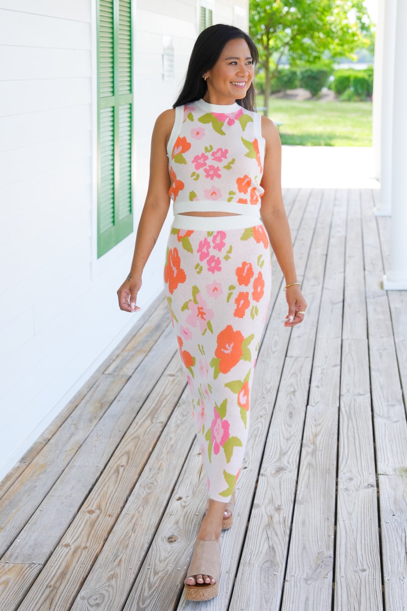 Floral Print Sweater Skirt with Elastic Waist