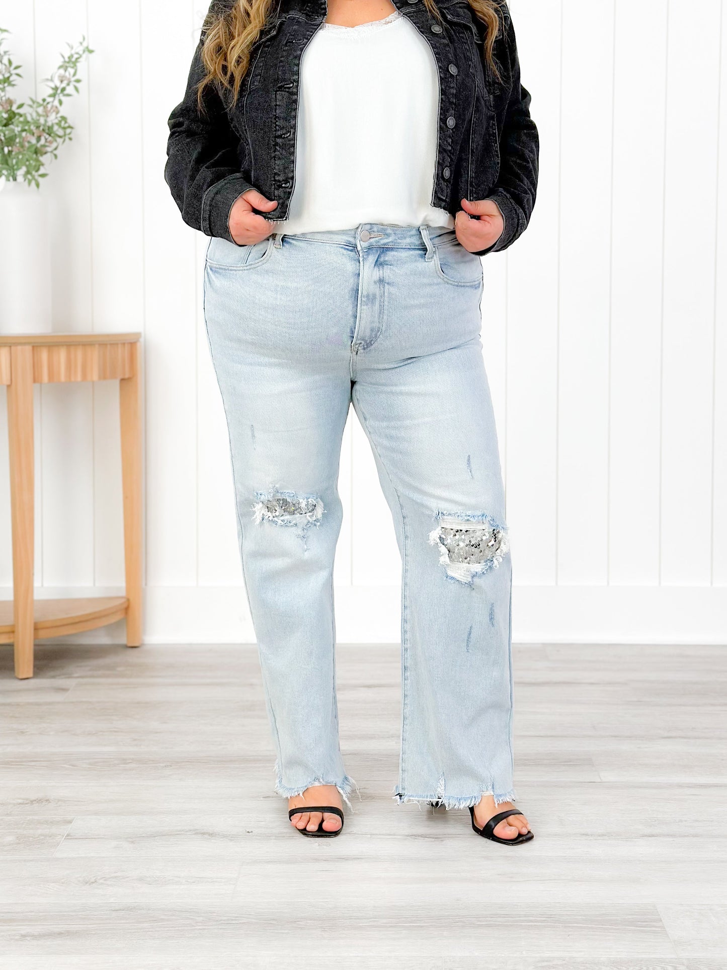 Risen High Rise Acid Wash Sequin Knee Patches Relaxed Straight Leg Jeans