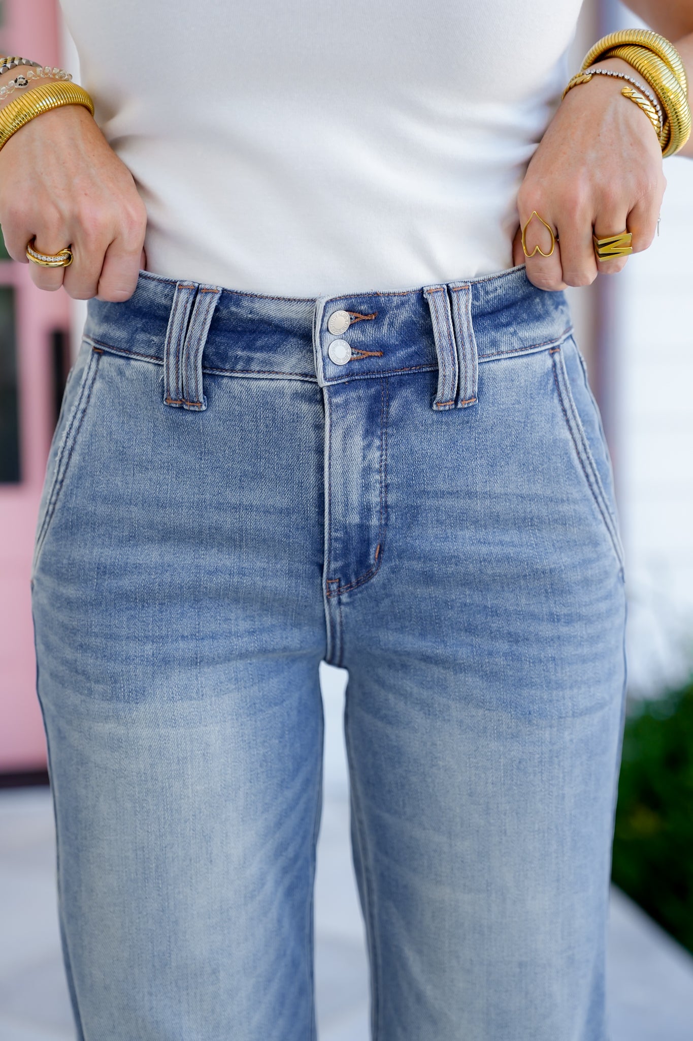 Judy Blue High Rise Light Wash Double Button Wide Leg Jeans