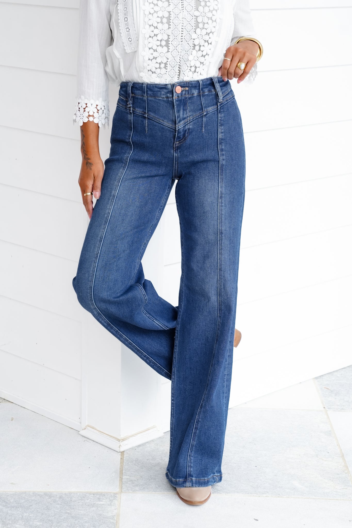 Risen High Rise Dark Wash Wide Leg Jeans with Front Yoke Detail