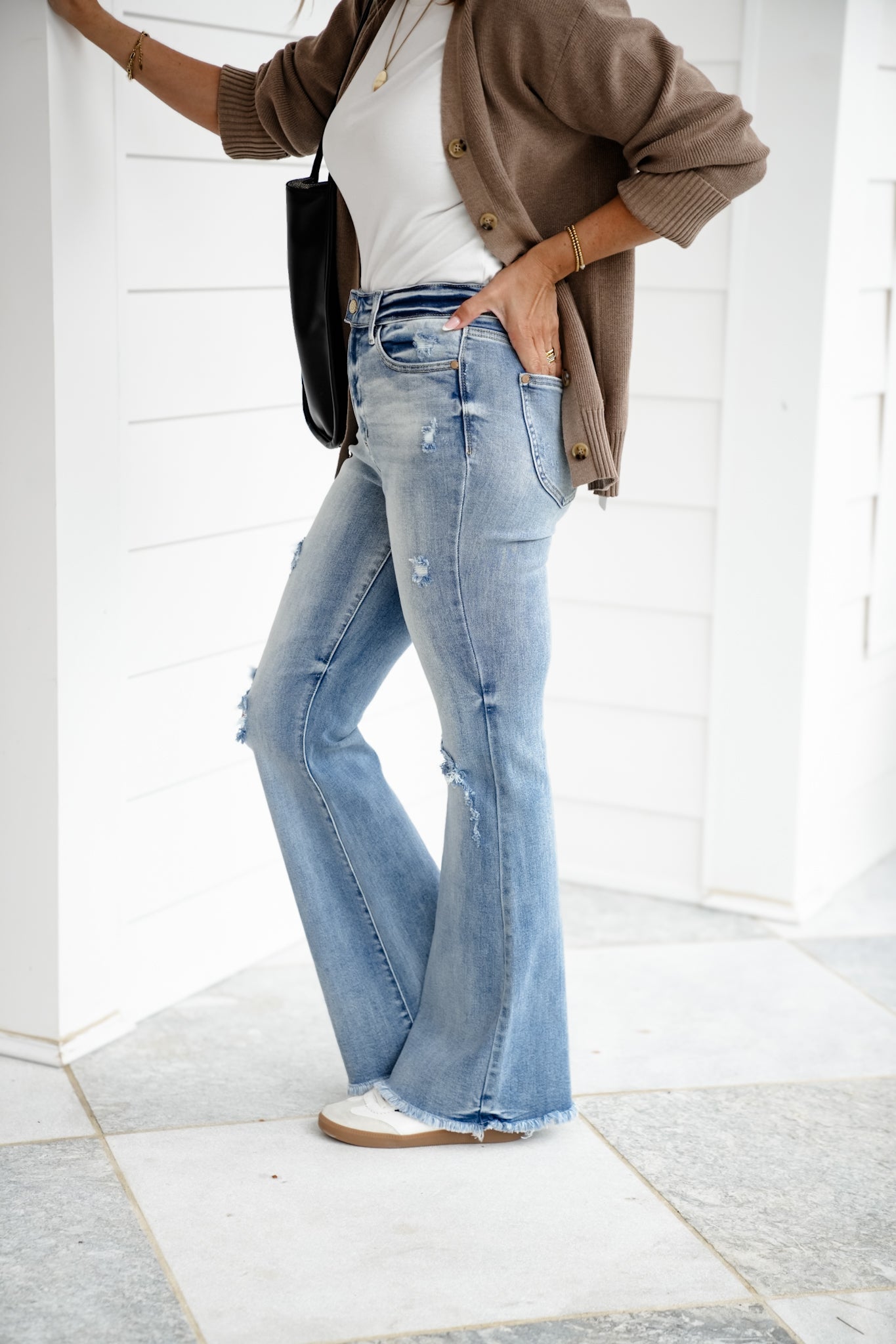 Judy Blue High Rise Light Wash Distressed Flare Jeans with Shield Pockets