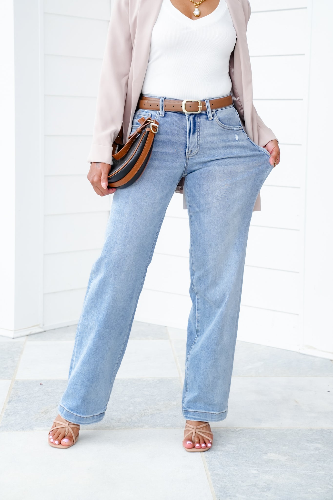 Risen Mid Rise Light Wash Tummy Control Elastic Waistband Wide Leg Jeans